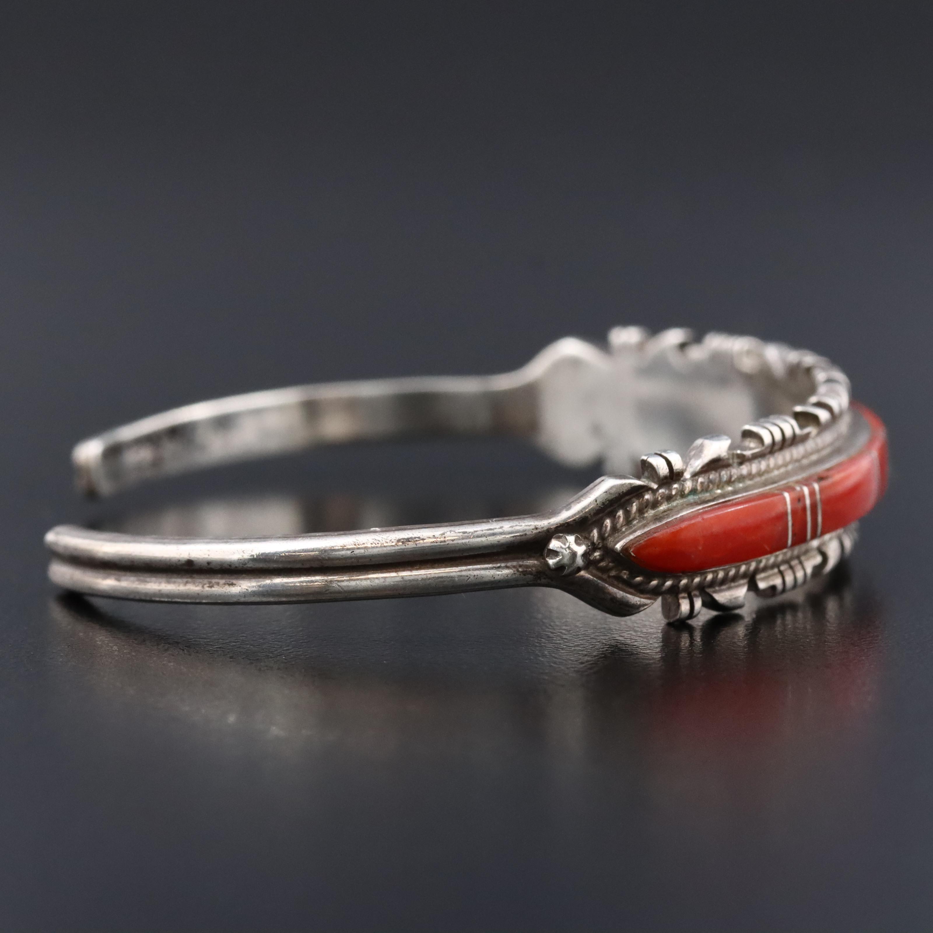 Southwestern Signed Sterling Coral Inlay Cuff Bracelet