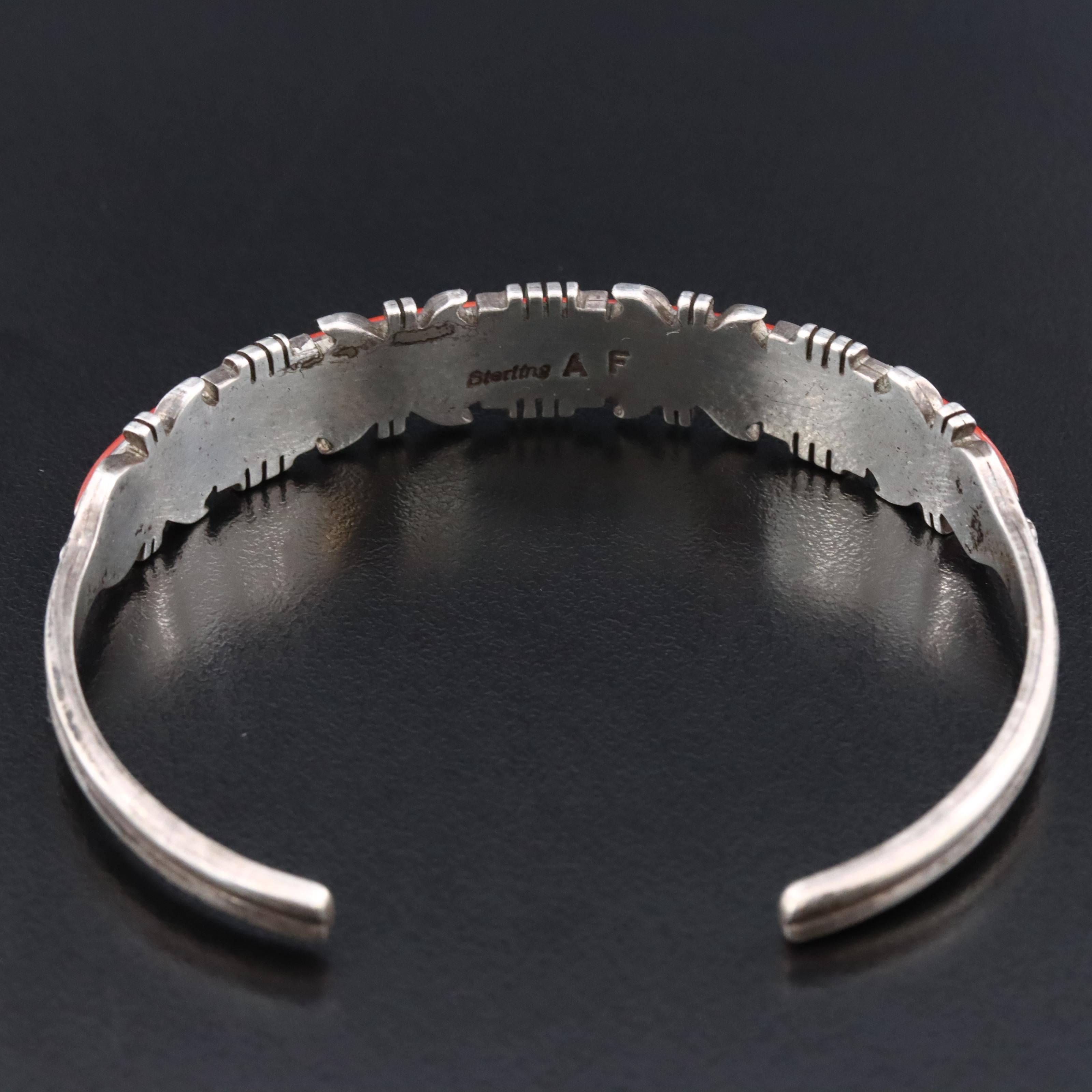 Southwestern Signed Sterling Coral Inlay Cuff Bracelet