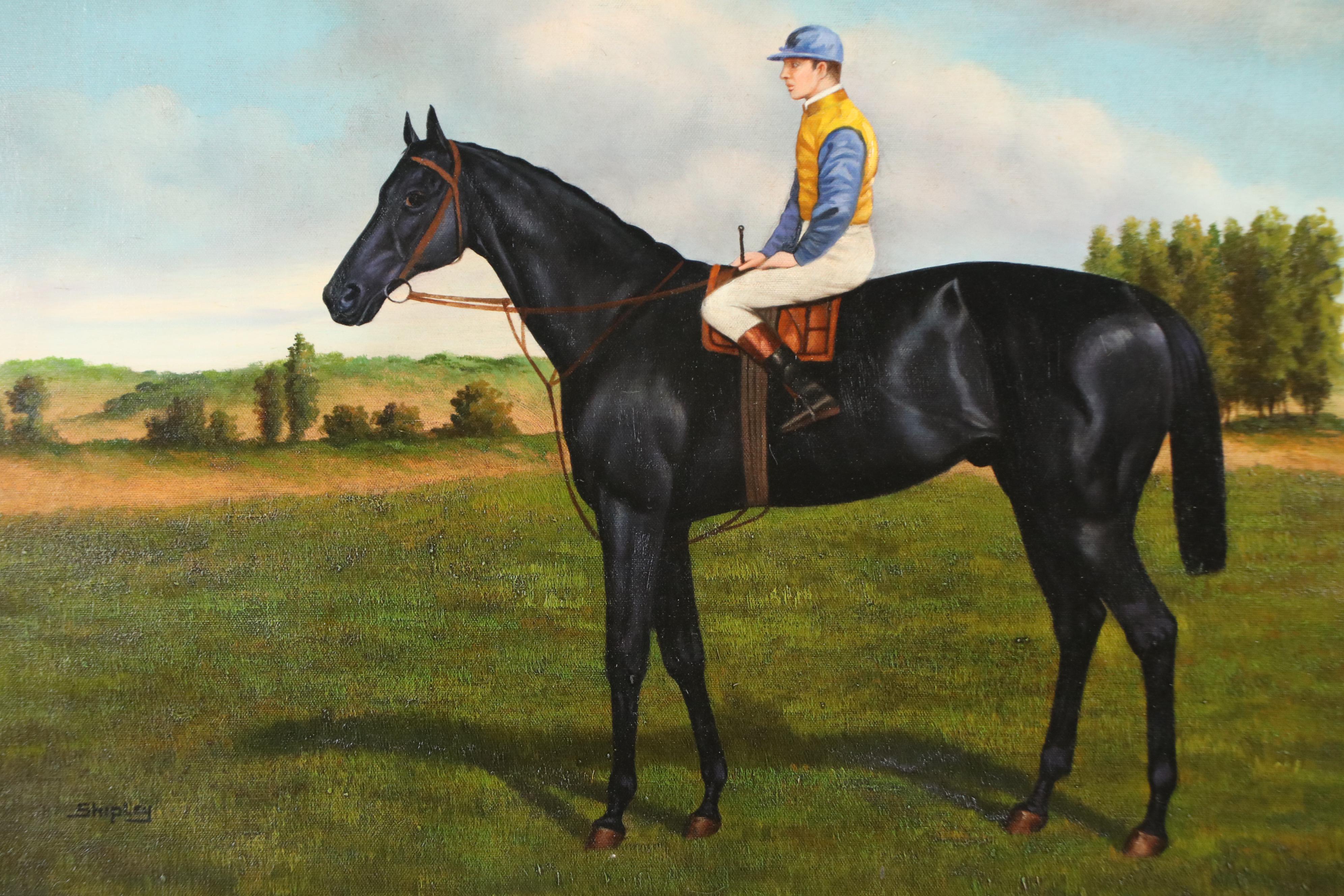 T. Shipley Equestrian Oil Painting of Jockey with Black Horse, Circa Mid-20th C.
