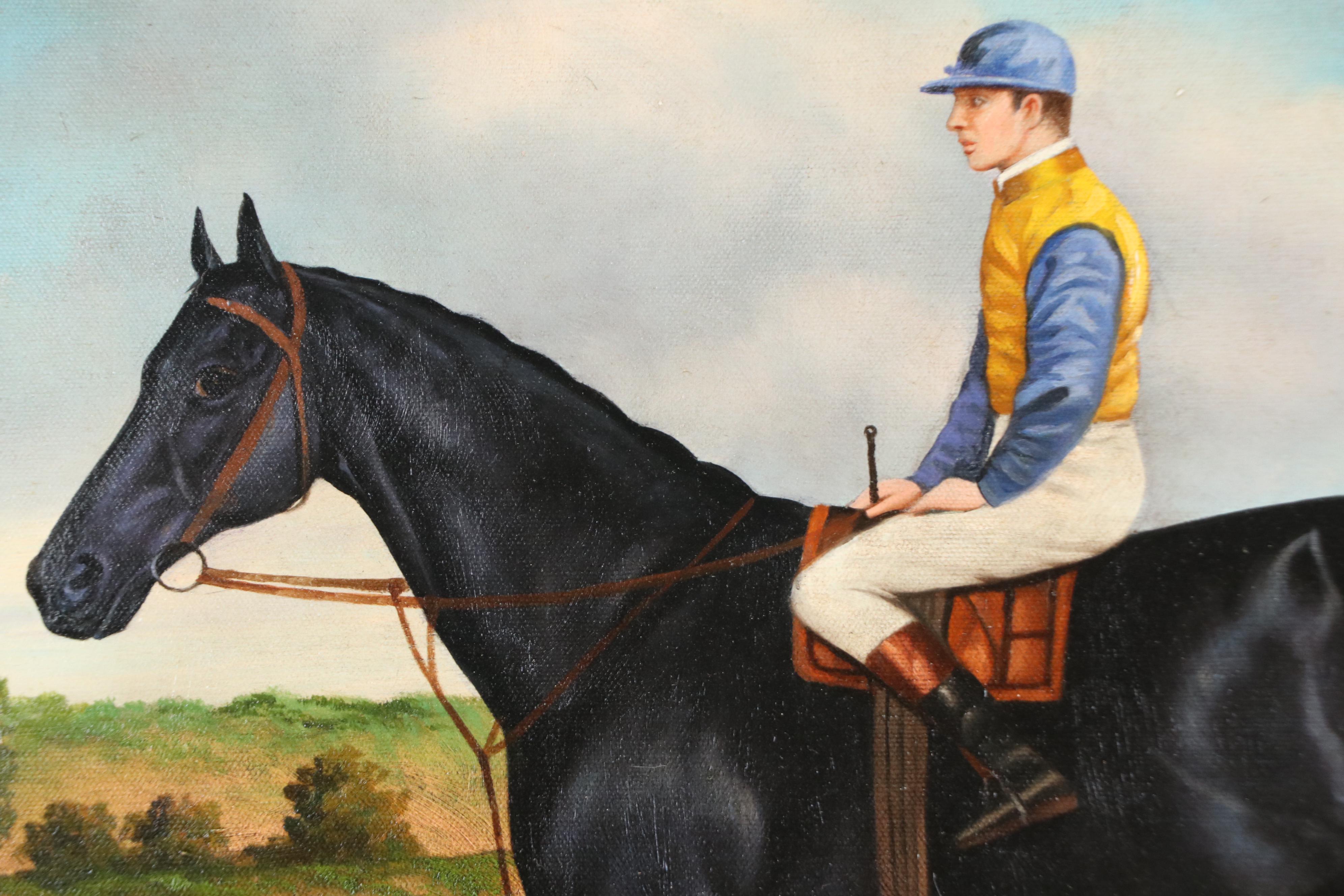 T. Shipley Equestrian Oil Painting of Jockey with Black Horse, Circa Mid-20th C.