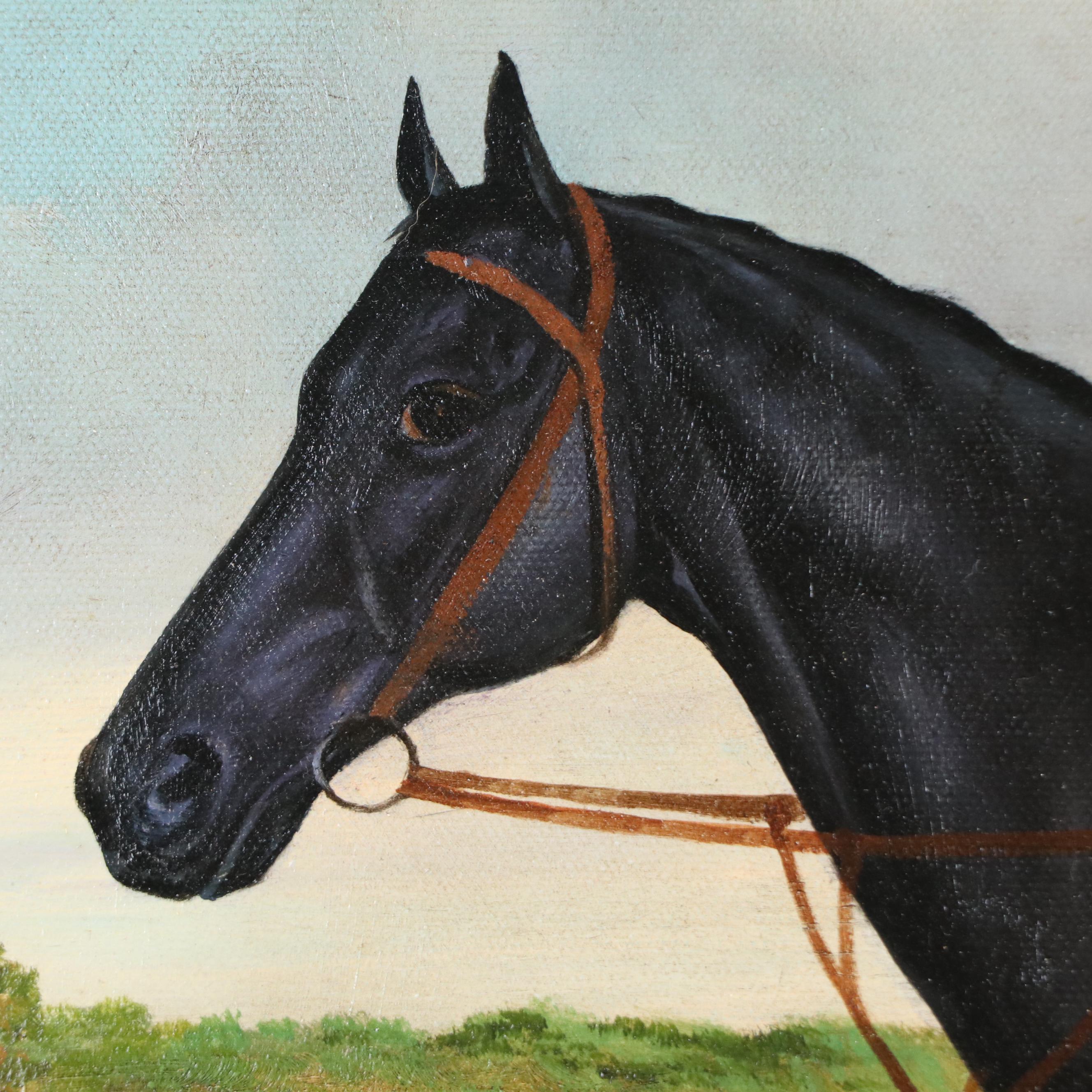 T. Shipley Equestrian Oil Painting of Jockey with Black Horse, Circa Mid-20th C.