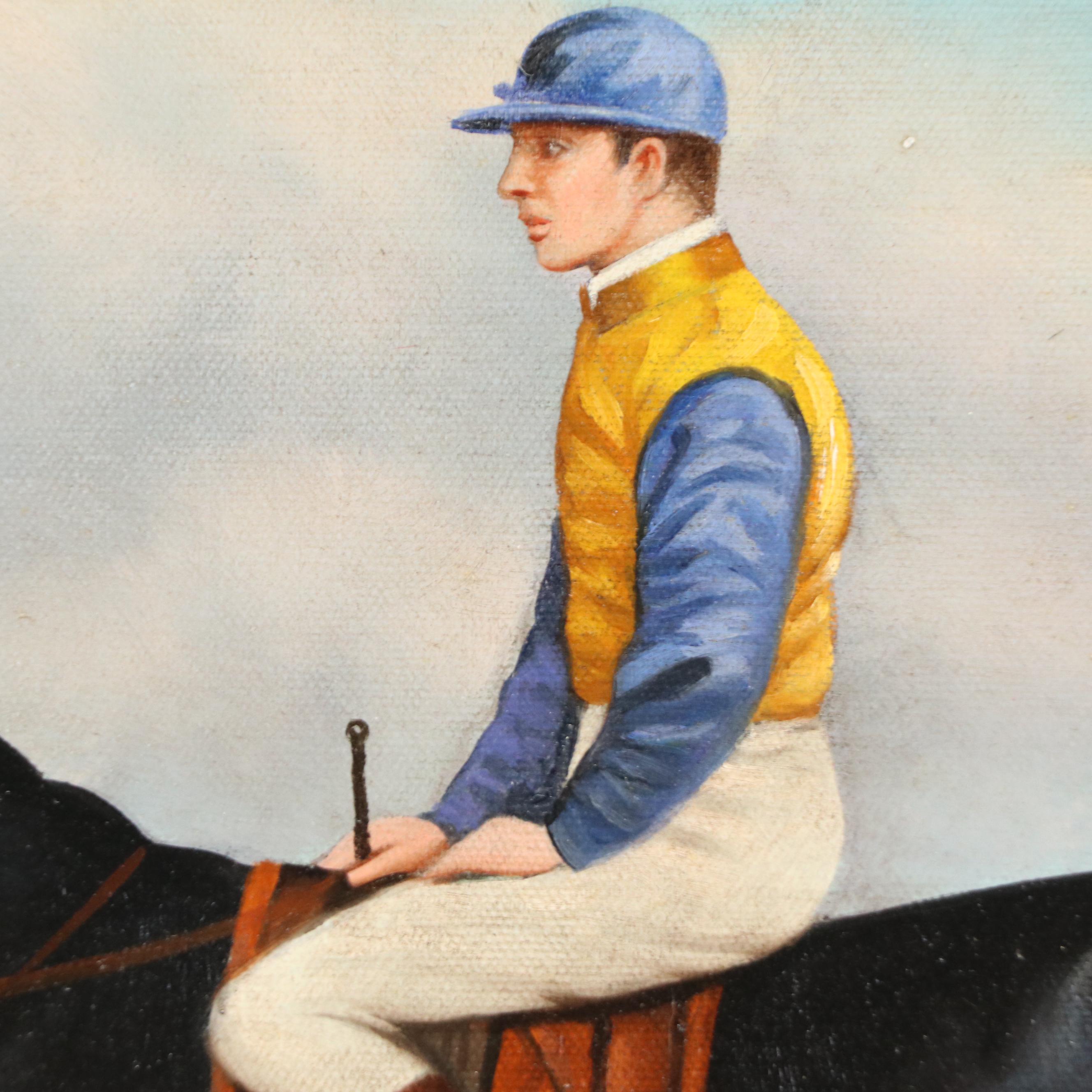 T. Shipley Equestrian Oil Painting of Jockey with Black Horse, Circa Mid-20th C.