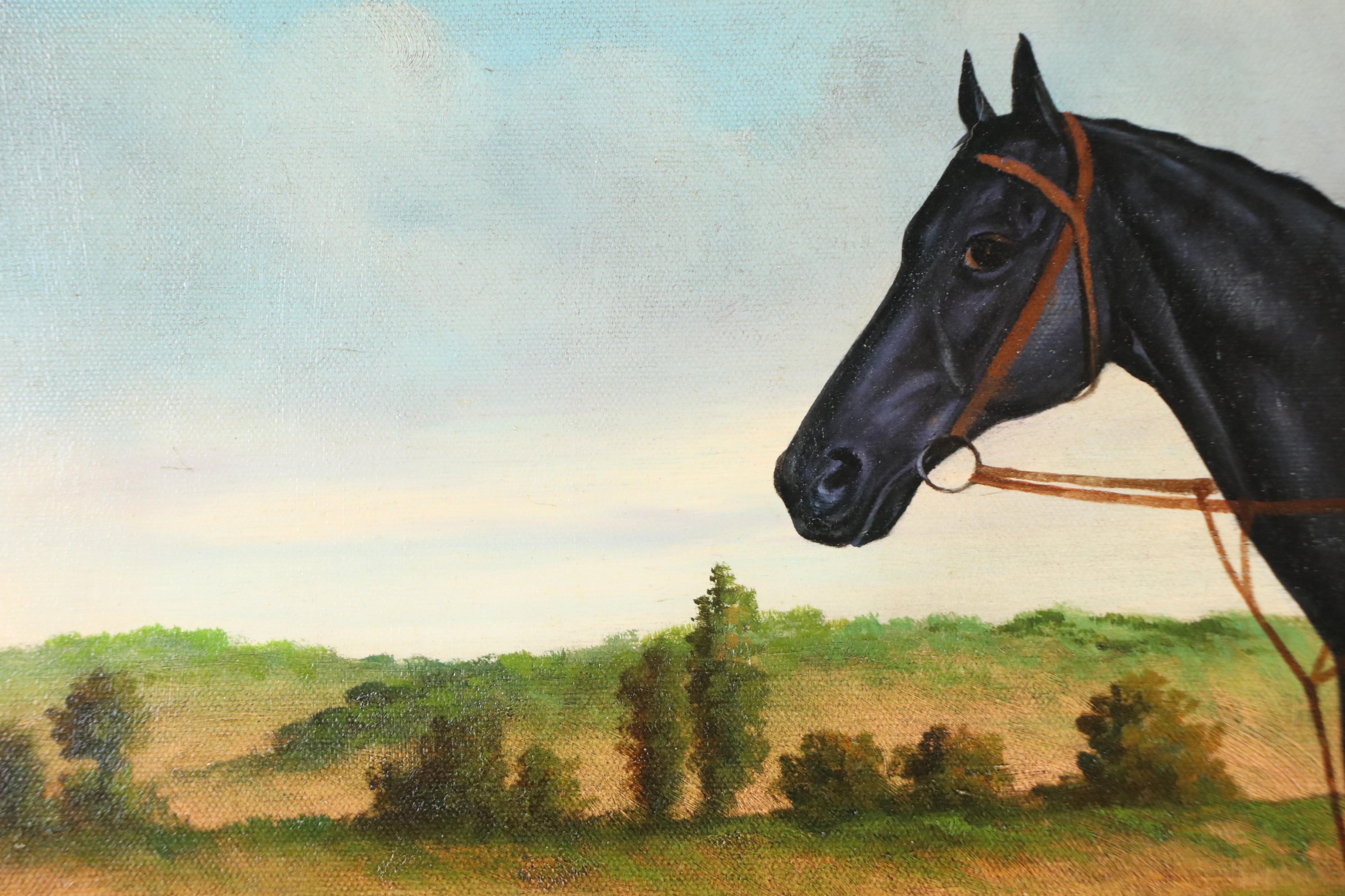 T. Shipley Equestrian Oil Painting of Jockey with Black Horse, Circa Mid-20th C.