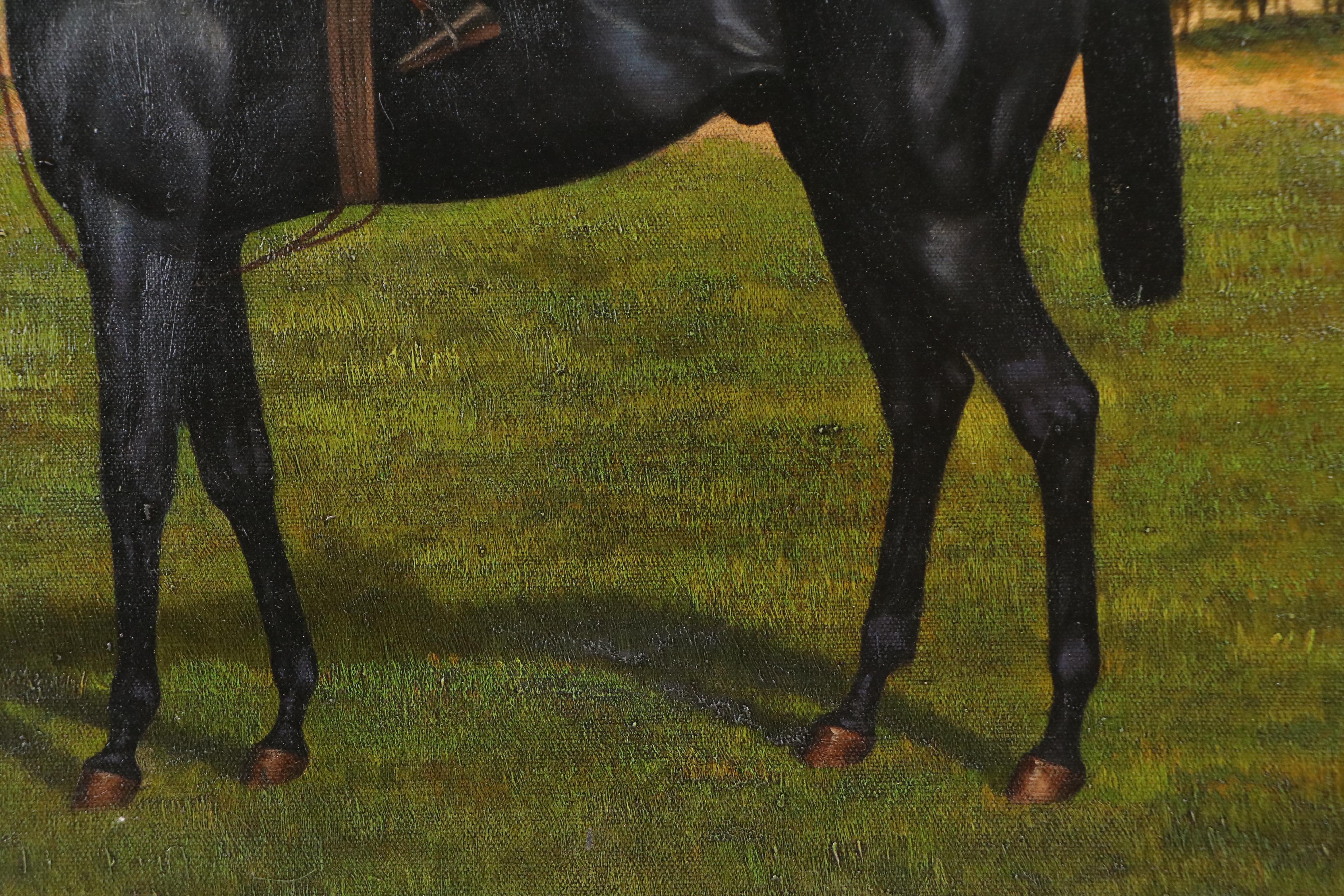 T. Shipley Equestrian Oil Painting of Jockey with Black Horse, Circa Mid-20th C.