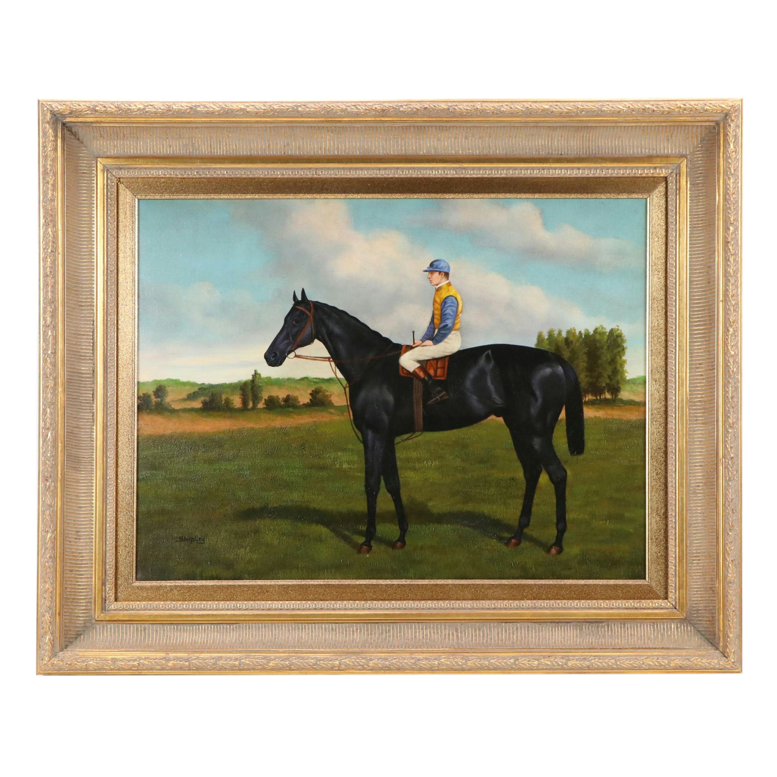 T. Shipley Equestrian Oil Painting of Jockey with Black Horse, Circa Mid-20th C.