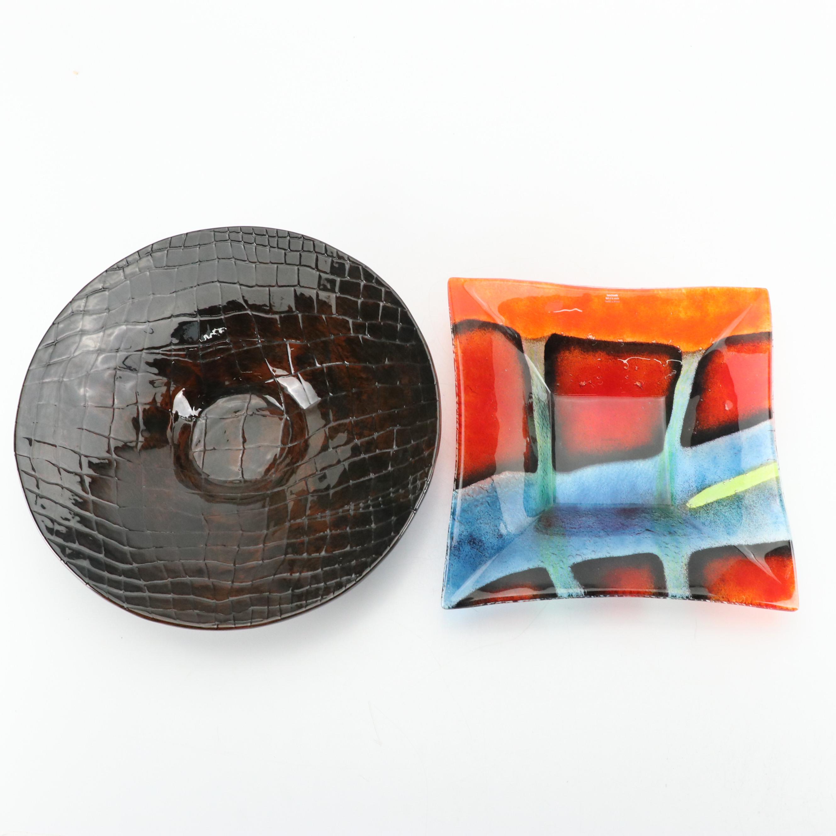 Crate & Barrel "Sandia" Square Bowl with B Ware Malibu Crocodile Embossed Bowl