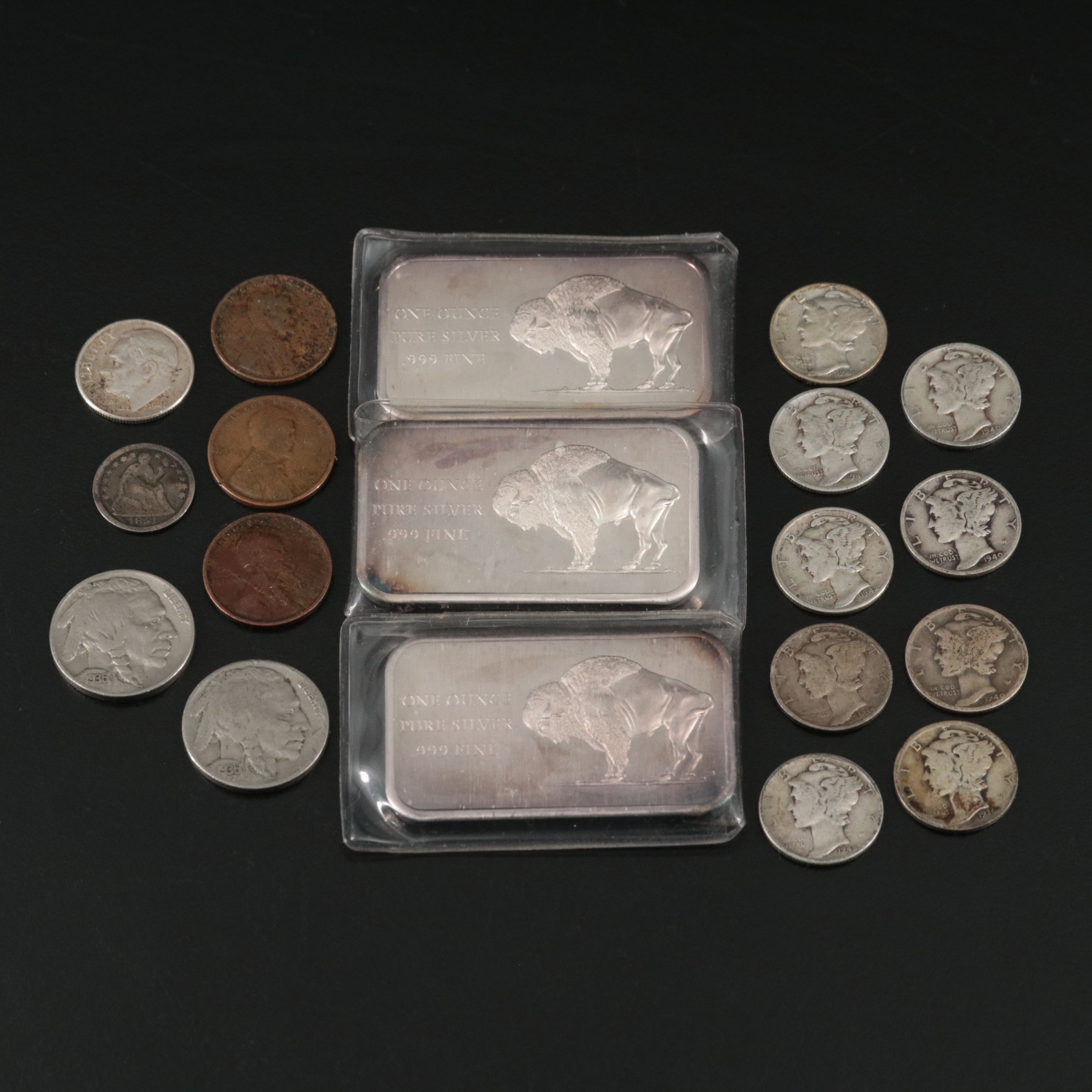 Three One Ounce Fine Silver Bars And Silver U S Coins Including Half