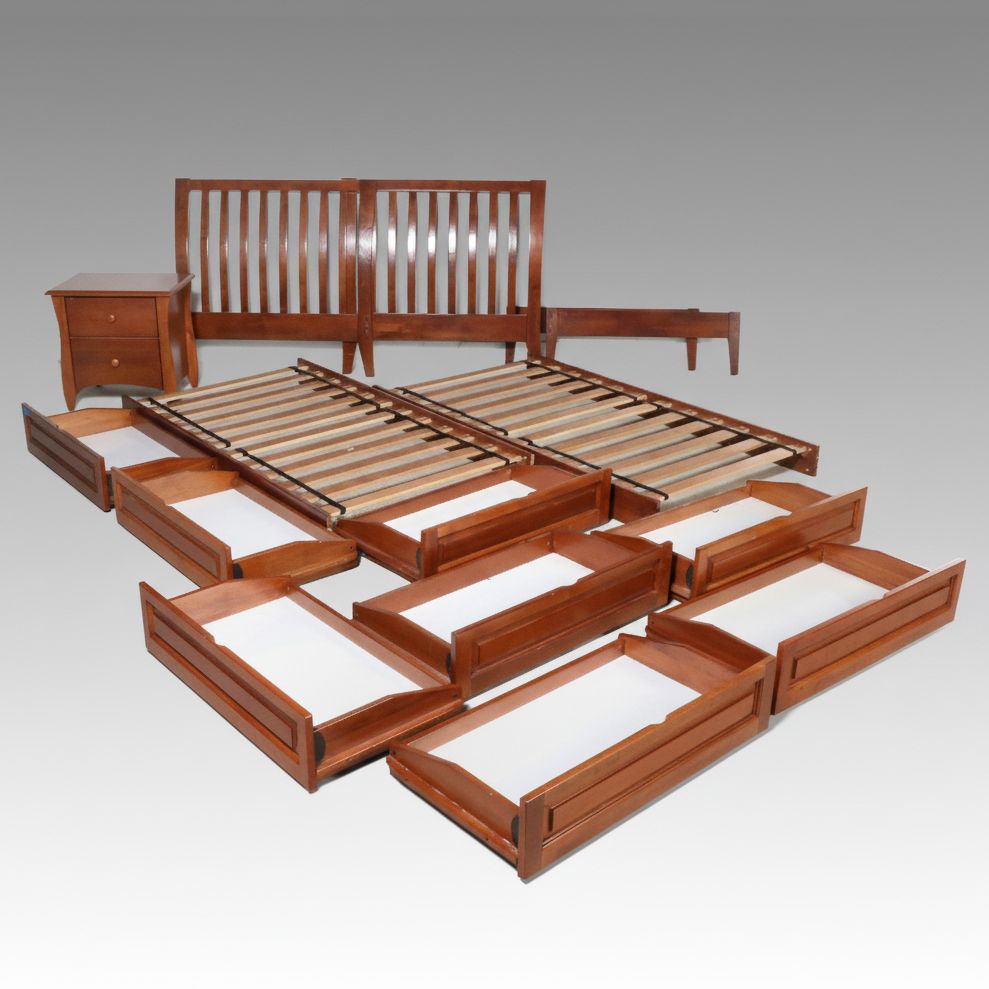 Pair of Crafts Style Cherry Twin Beds with Nightstand and Drawers