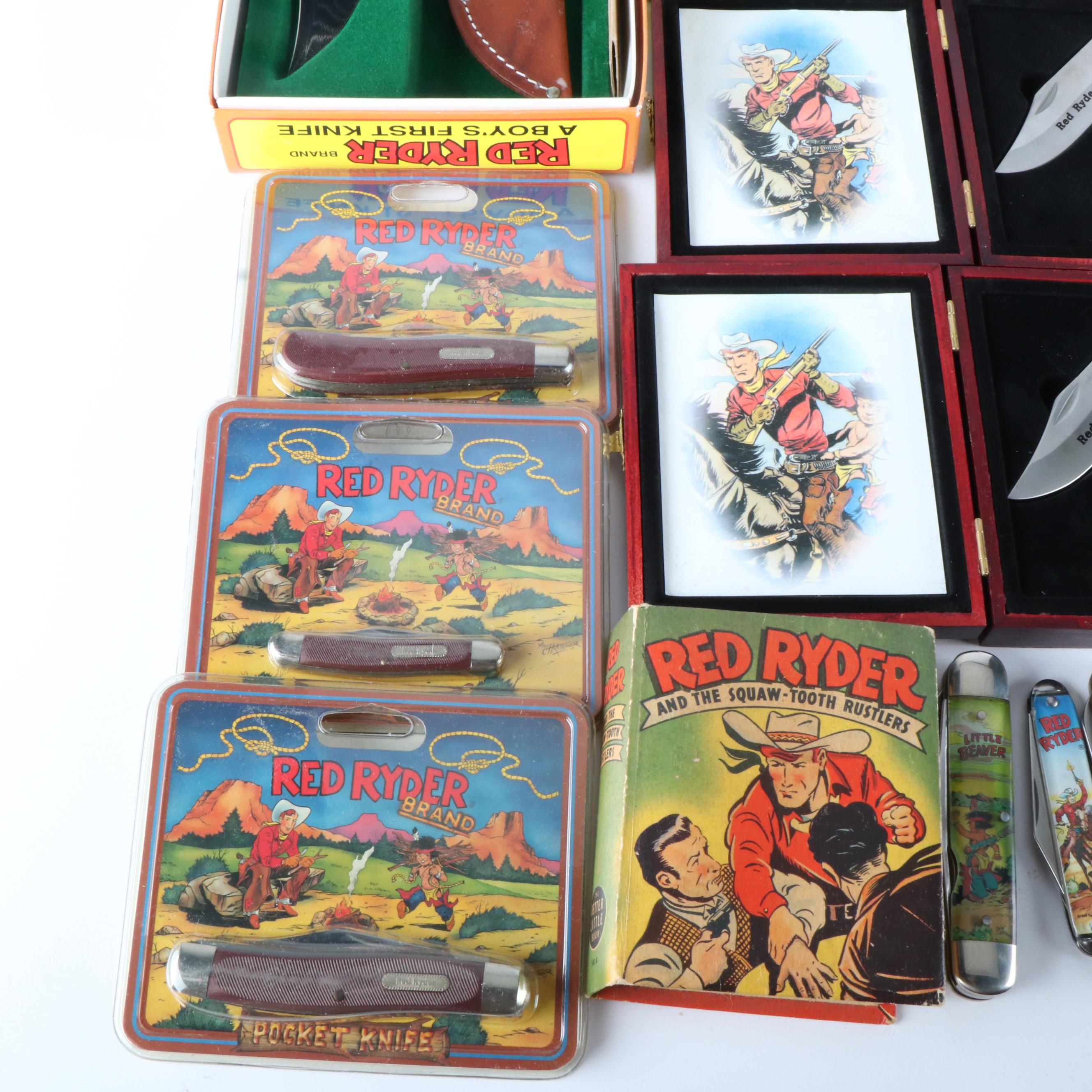 Thirteen Red Rider Pocket Knives a Bowie Knife and Other Red Rider Items