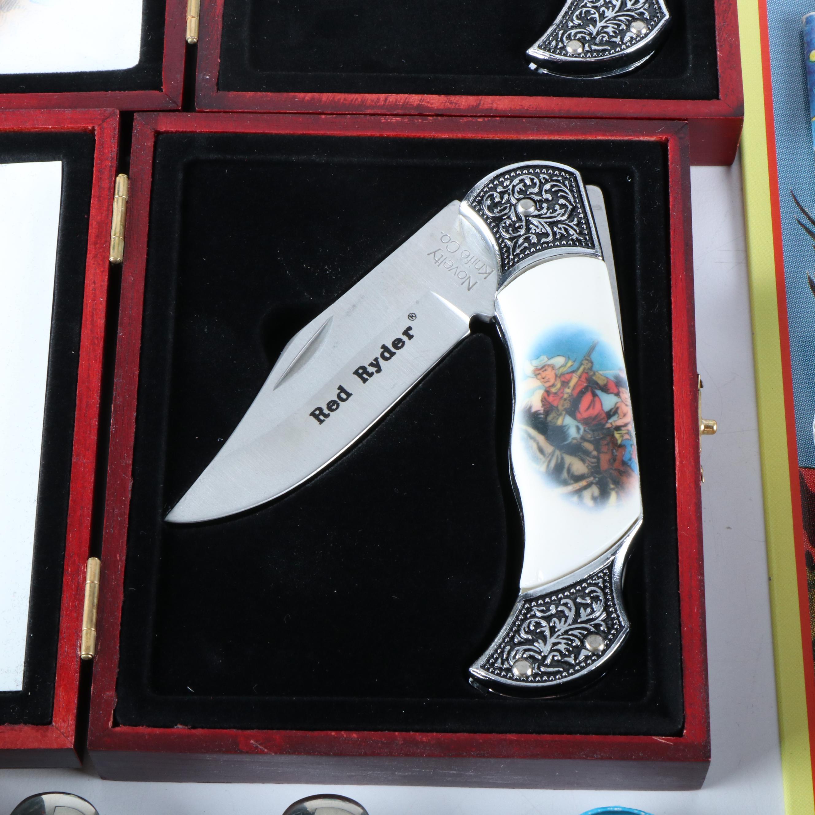Thirteen Red Rider Pocket Knives a Bowie Knife and Other Red Rider Items