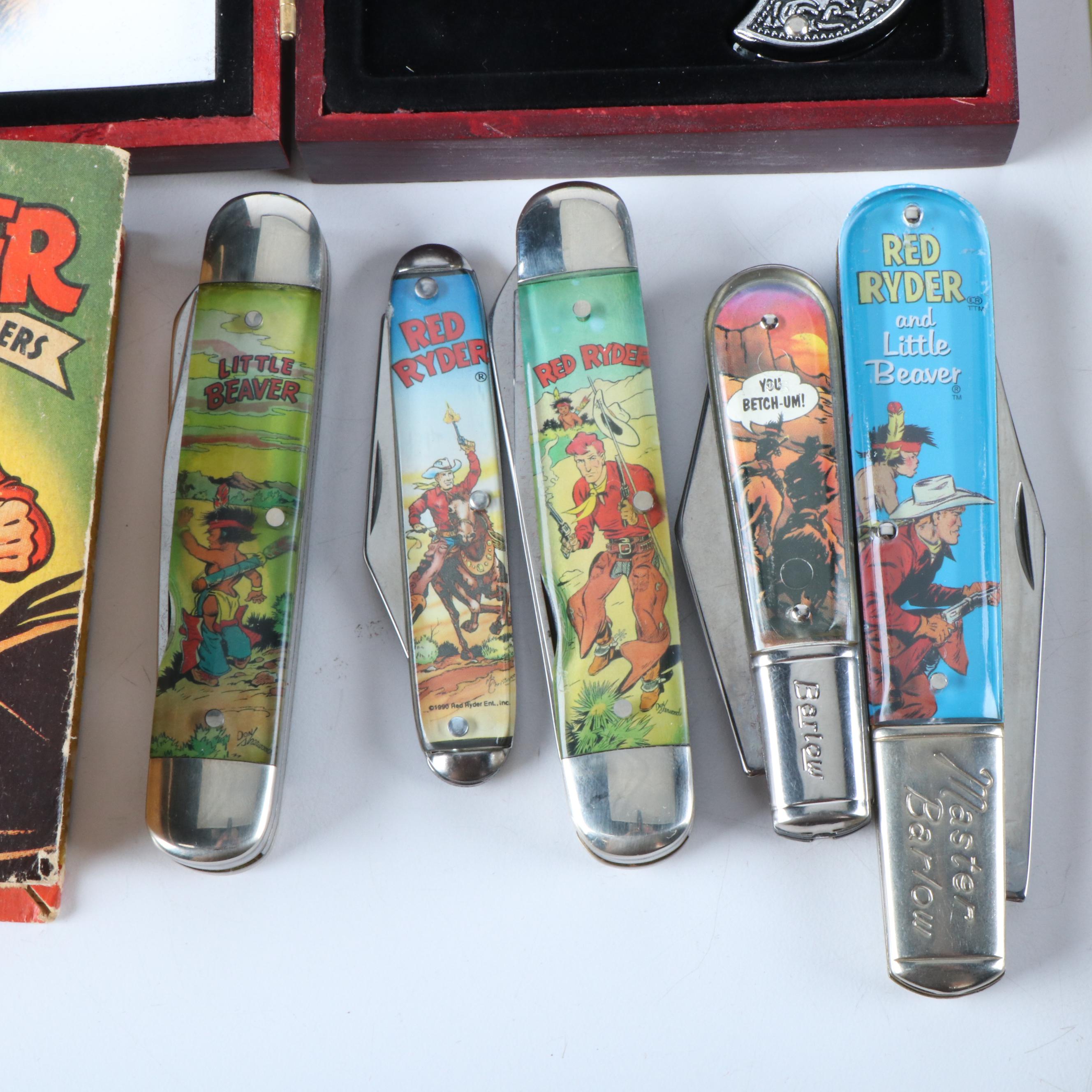 Thirteen Red Rider Pocket Knives a Bowie Knife and Other Red Rider Items