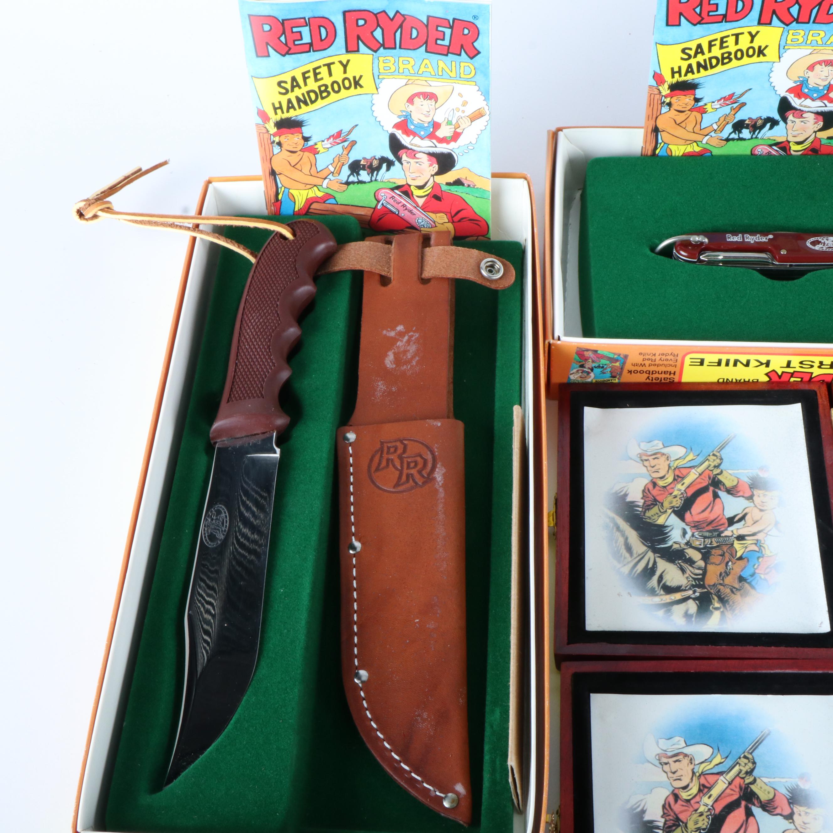 Thirteen Red Rider Pocket Knives a Bowie Knife and Other Red Rider Items