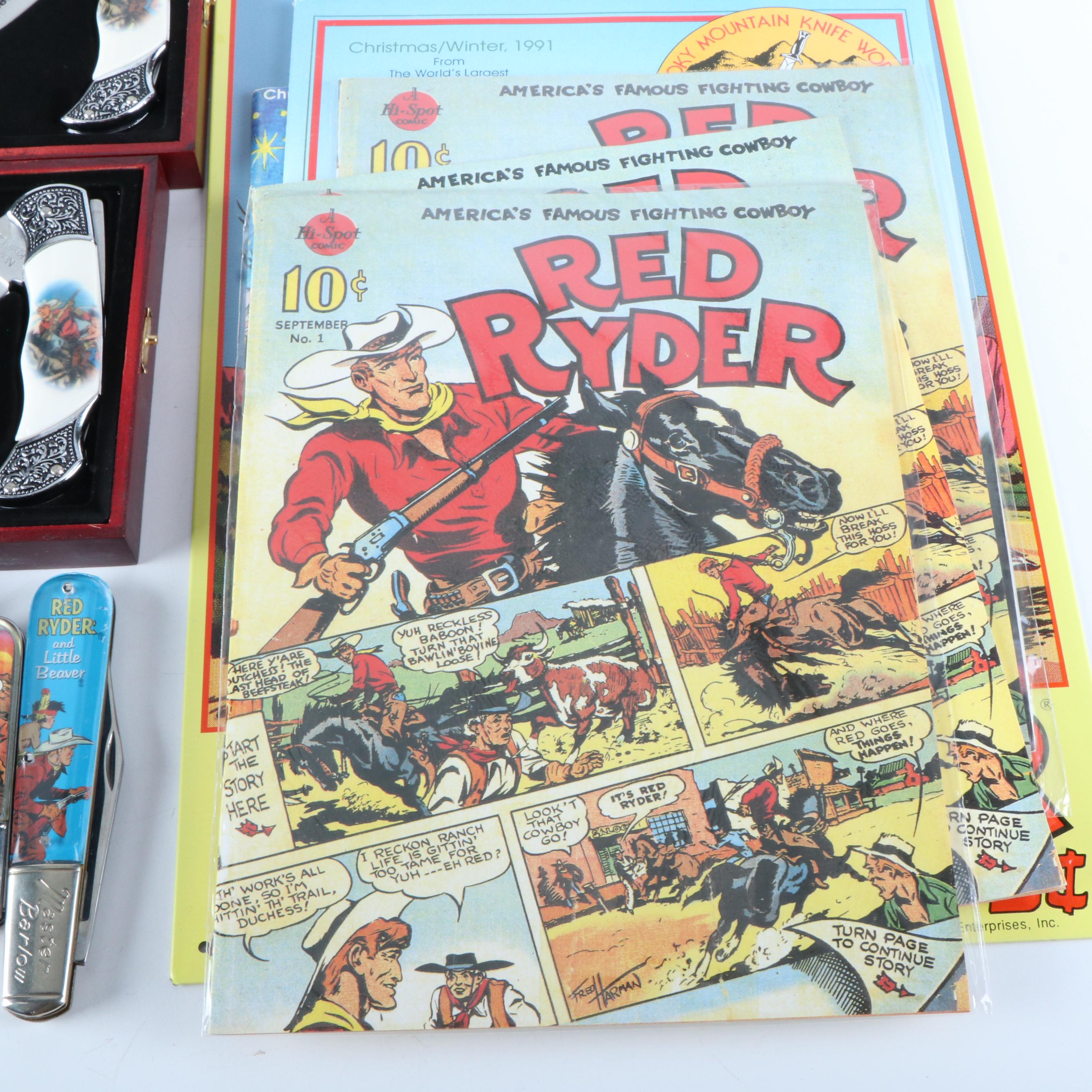 Thirteen Red Rider Pocket Knives a Bowie Knife and Other Red Rider Items