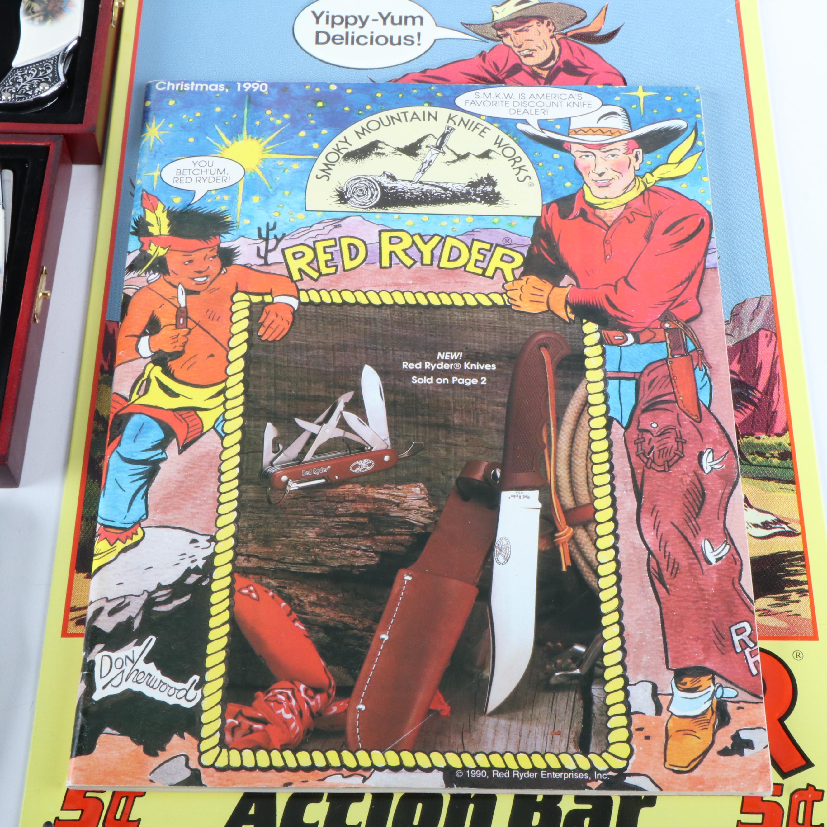 Thirteen Red Rider Pocket Knives a Bowie Knife and Other Red Rider Items