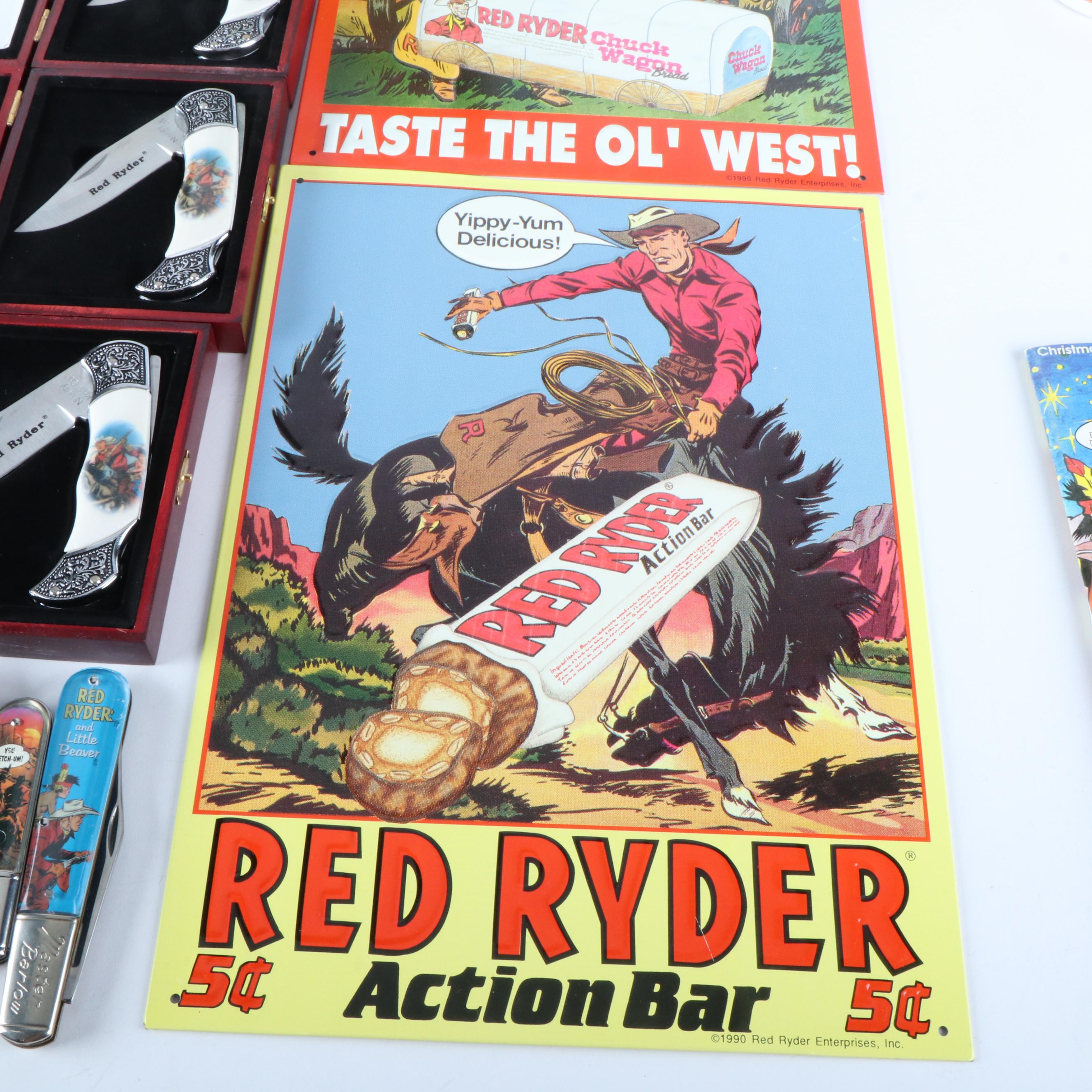 Thirteen Red Rider Pocket Knives a Bowie Knife and Other Red Rider Items