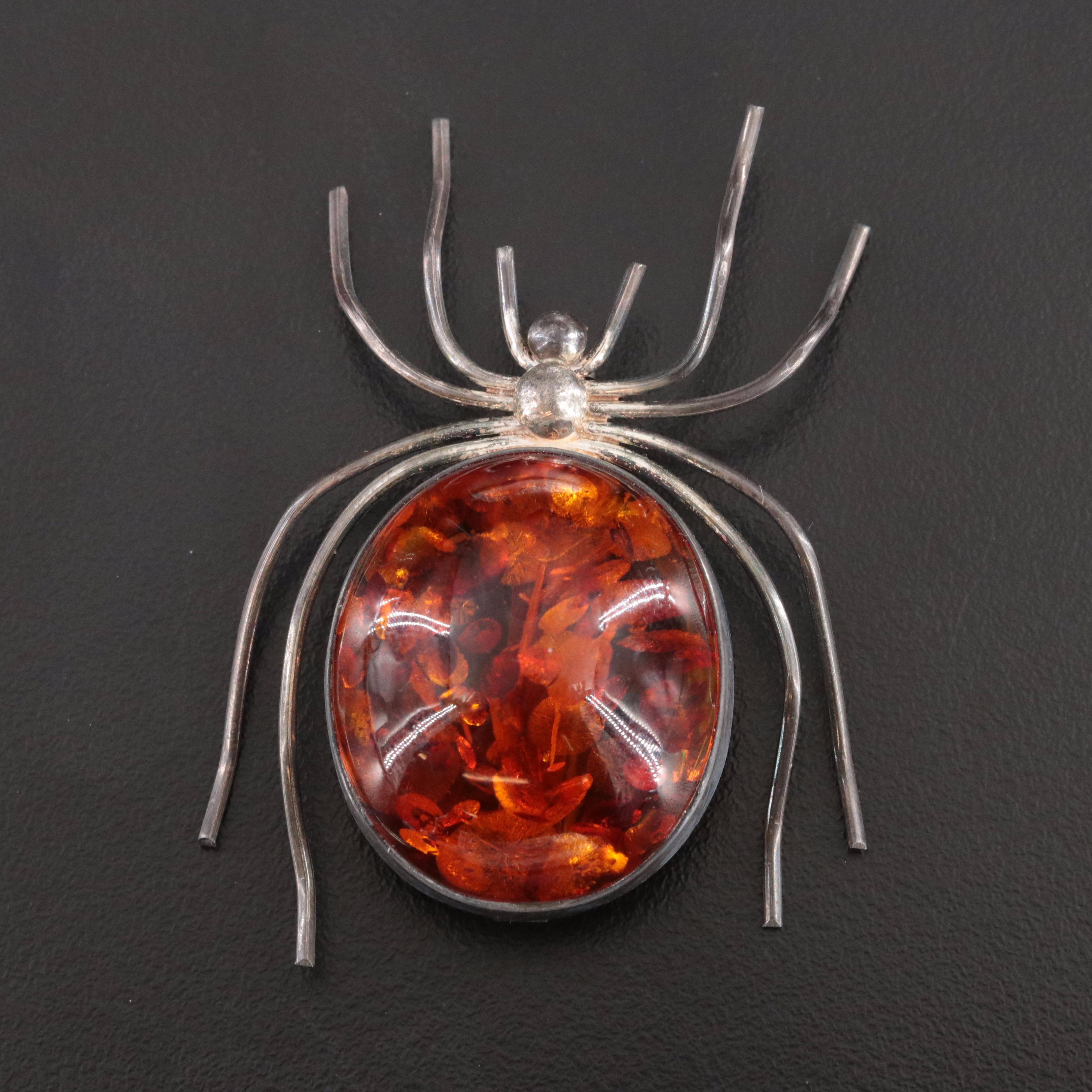 Sterling Amber Spider Brooch