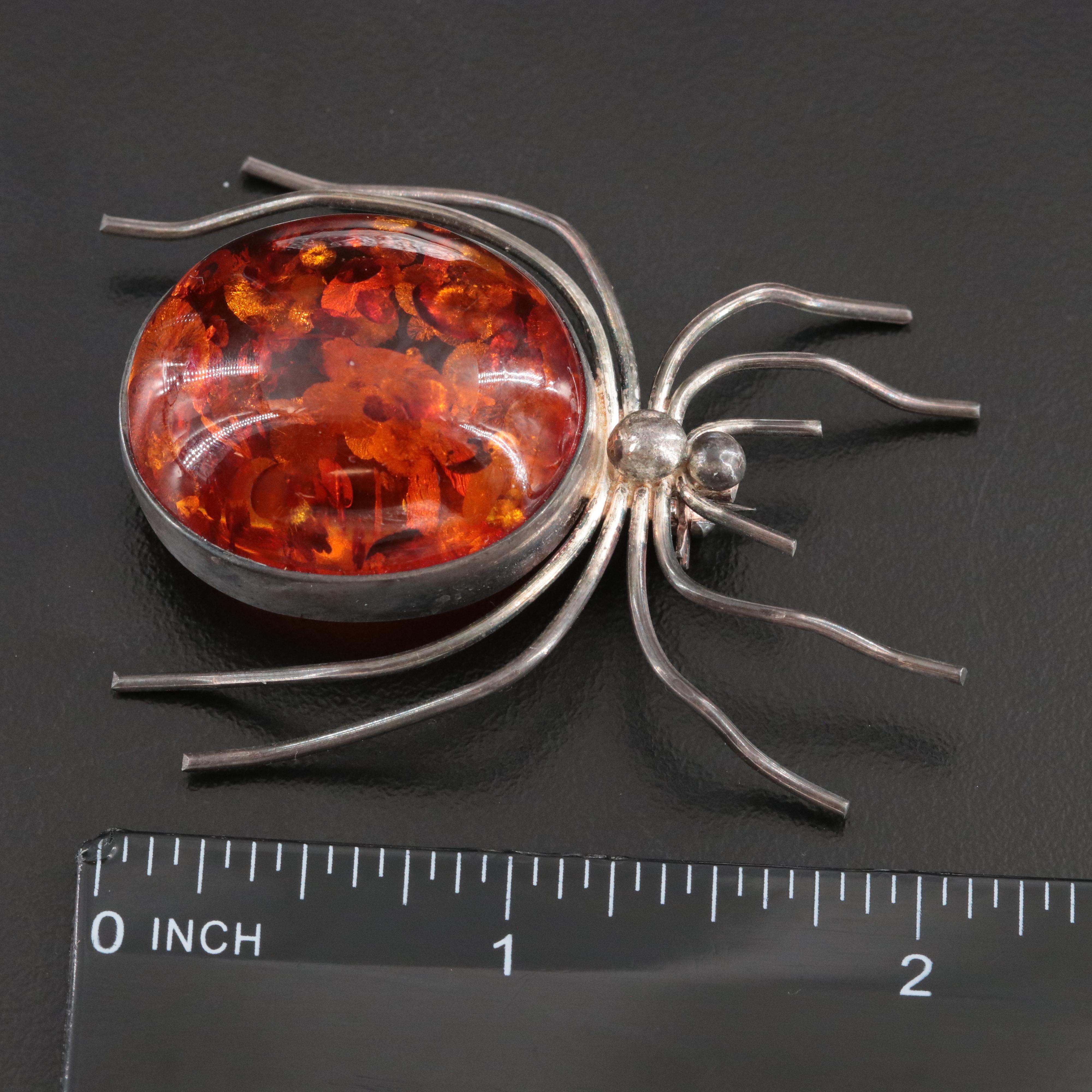 Sterling Amber Spider Brooch