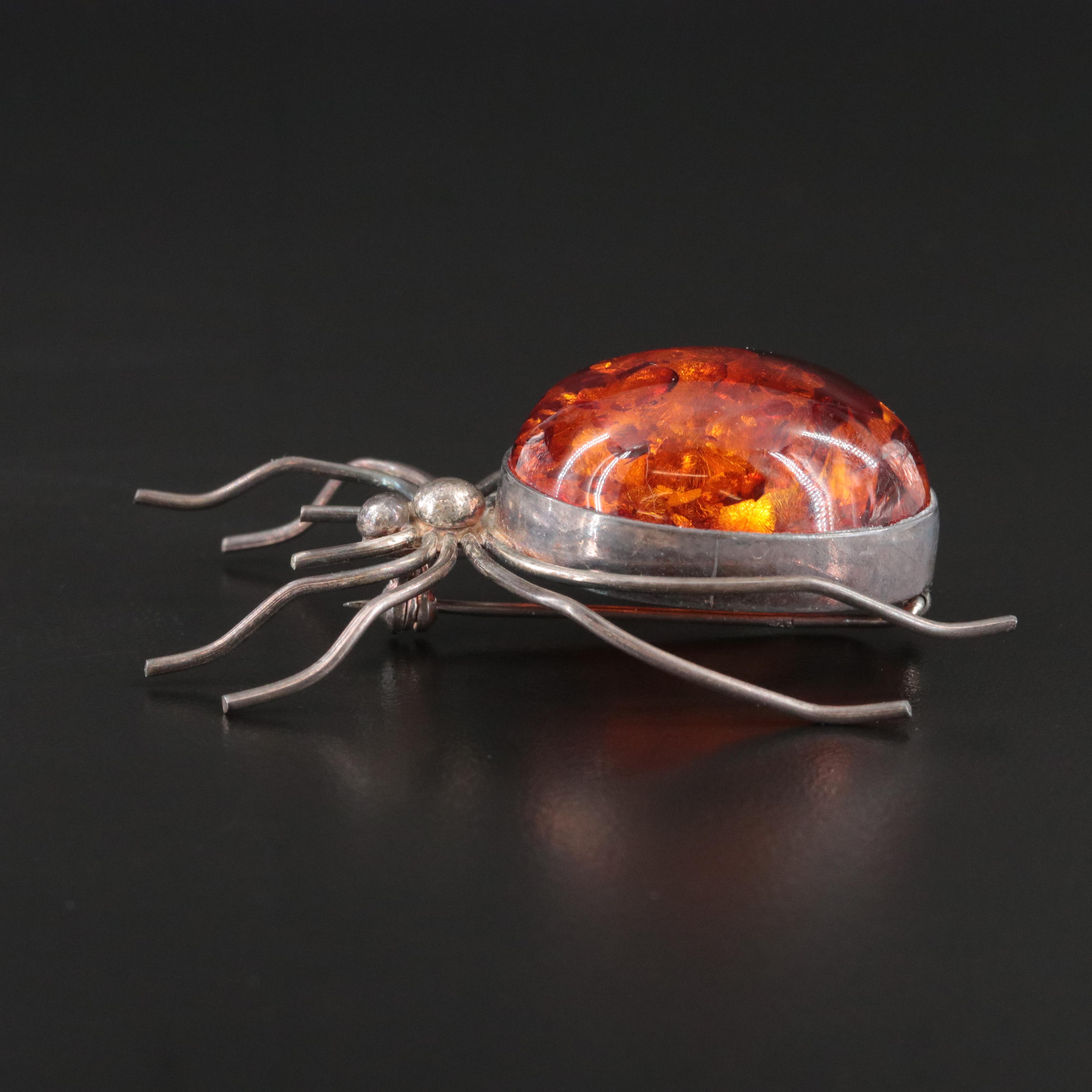 Sterling Amber Spider Brooch