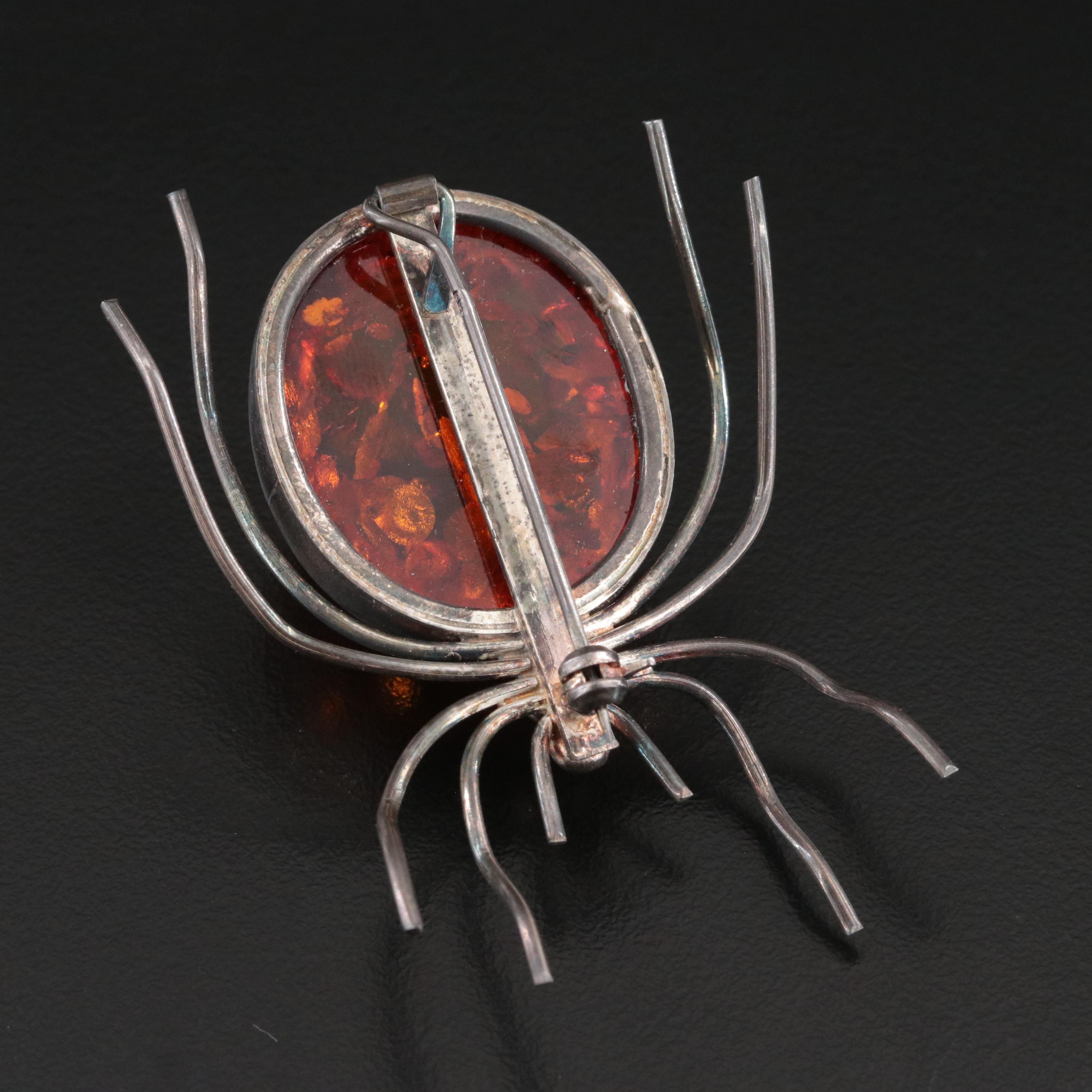 Sterling Amber Spider Brooch