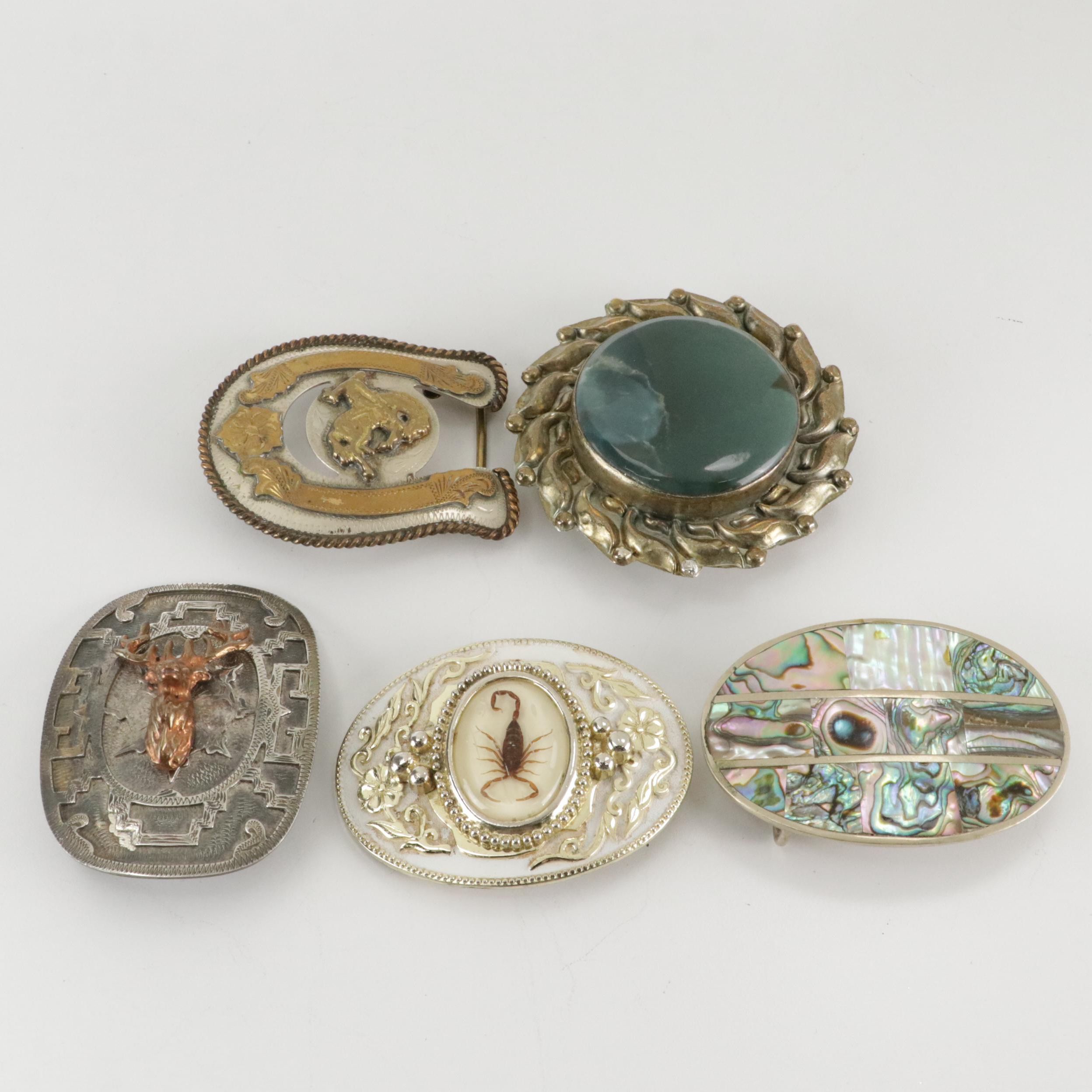 Alpaca Silver with Abalone Inlay, Encased Scorpion, and Gemstone Belt Buckles
