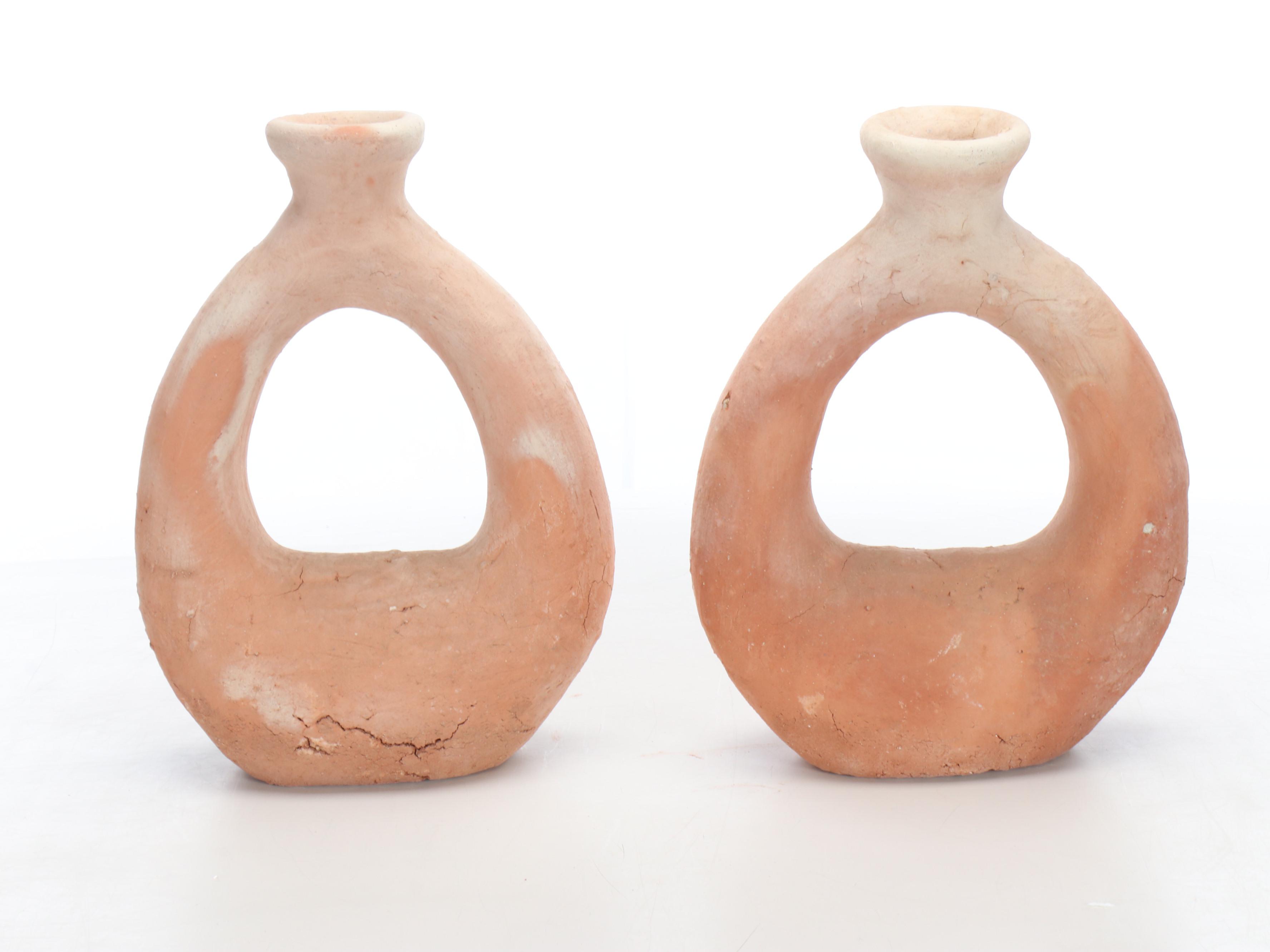 Pair of Unglazed Terracotta Ring Bottle Vases