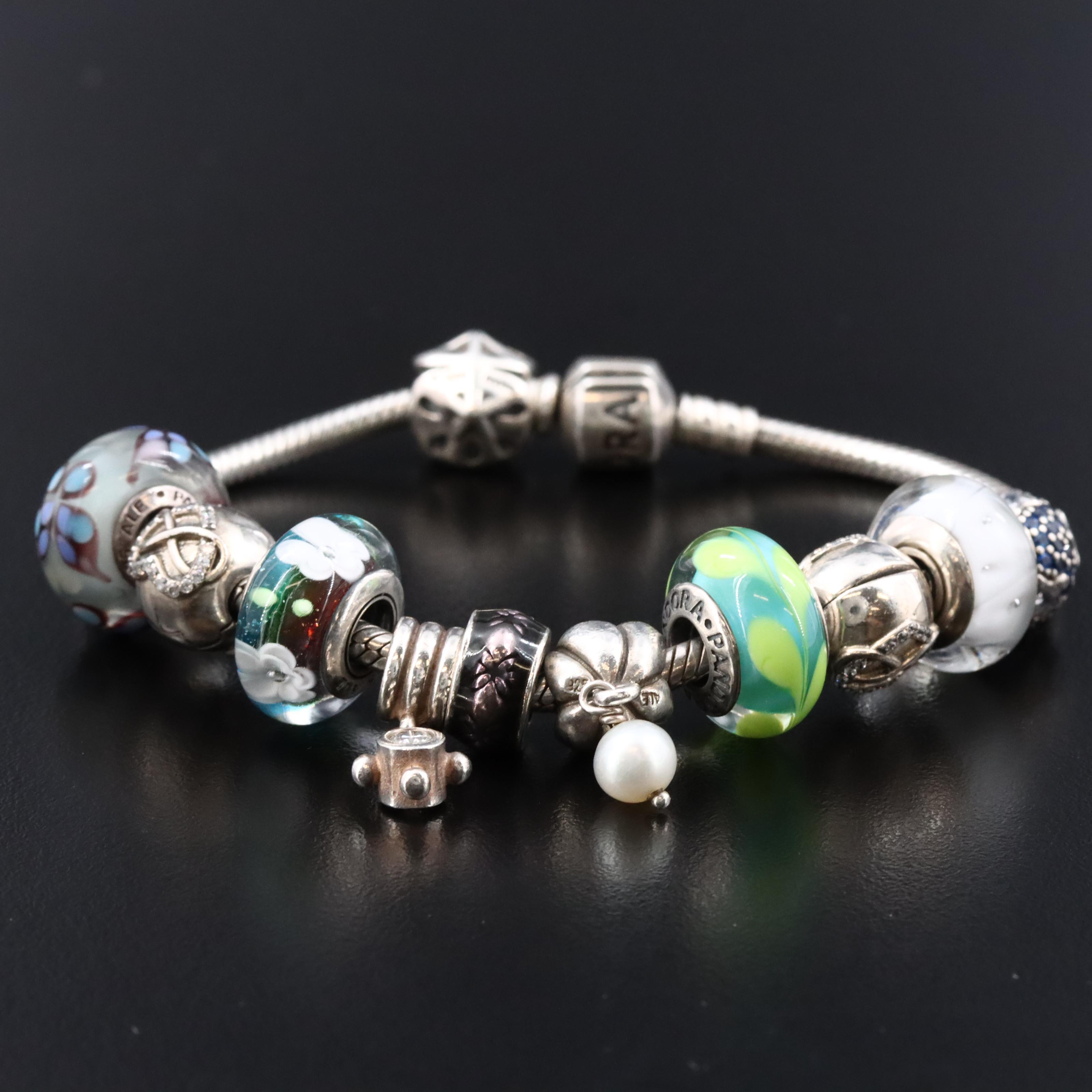 Pandora Bracelet with Charms, CZ and Lampwork Glass