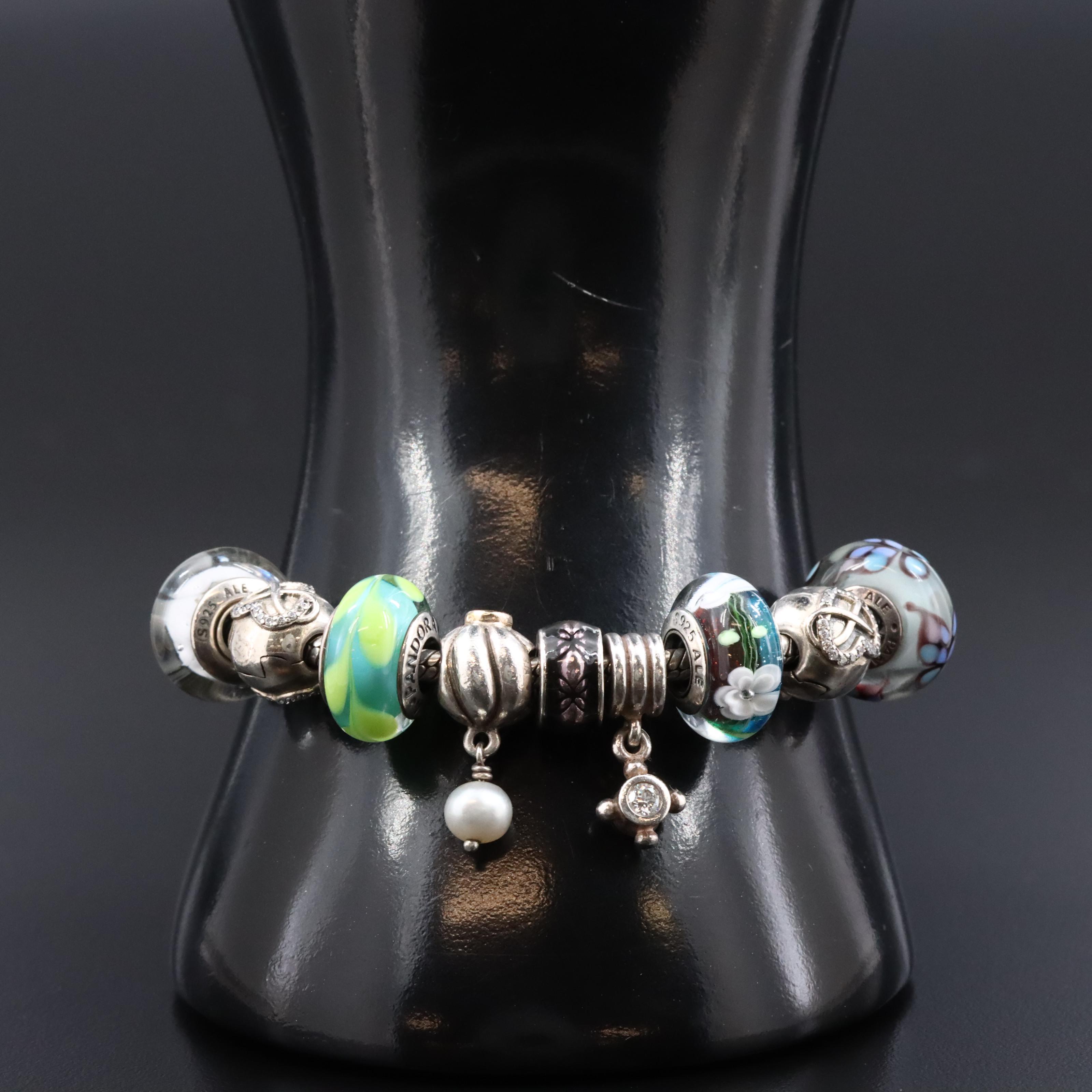 Pandora Bracelet with Charms, CZ and Lampwork Glass