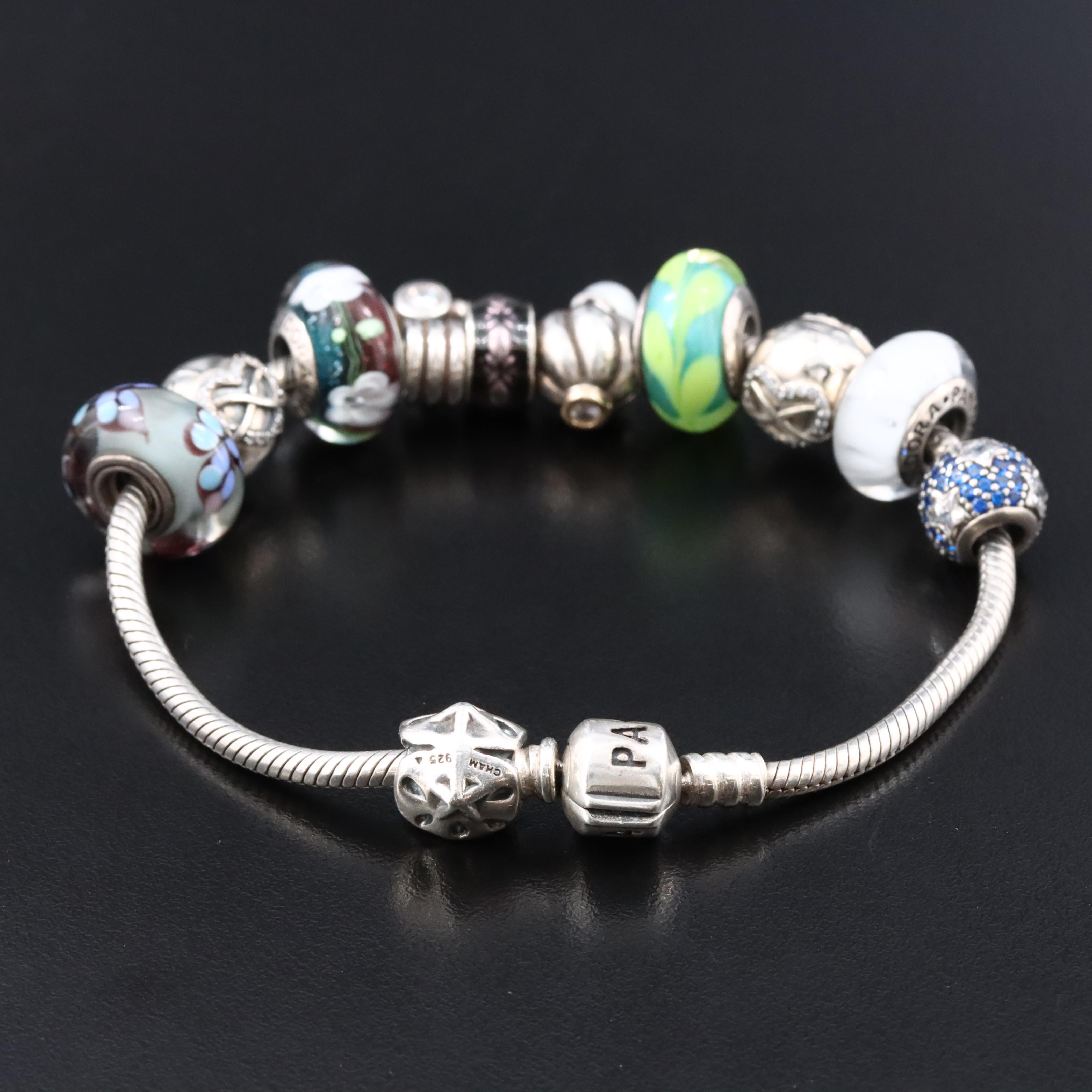 Pandora Bracelet with Charms, CZ and Lampwork Glass
