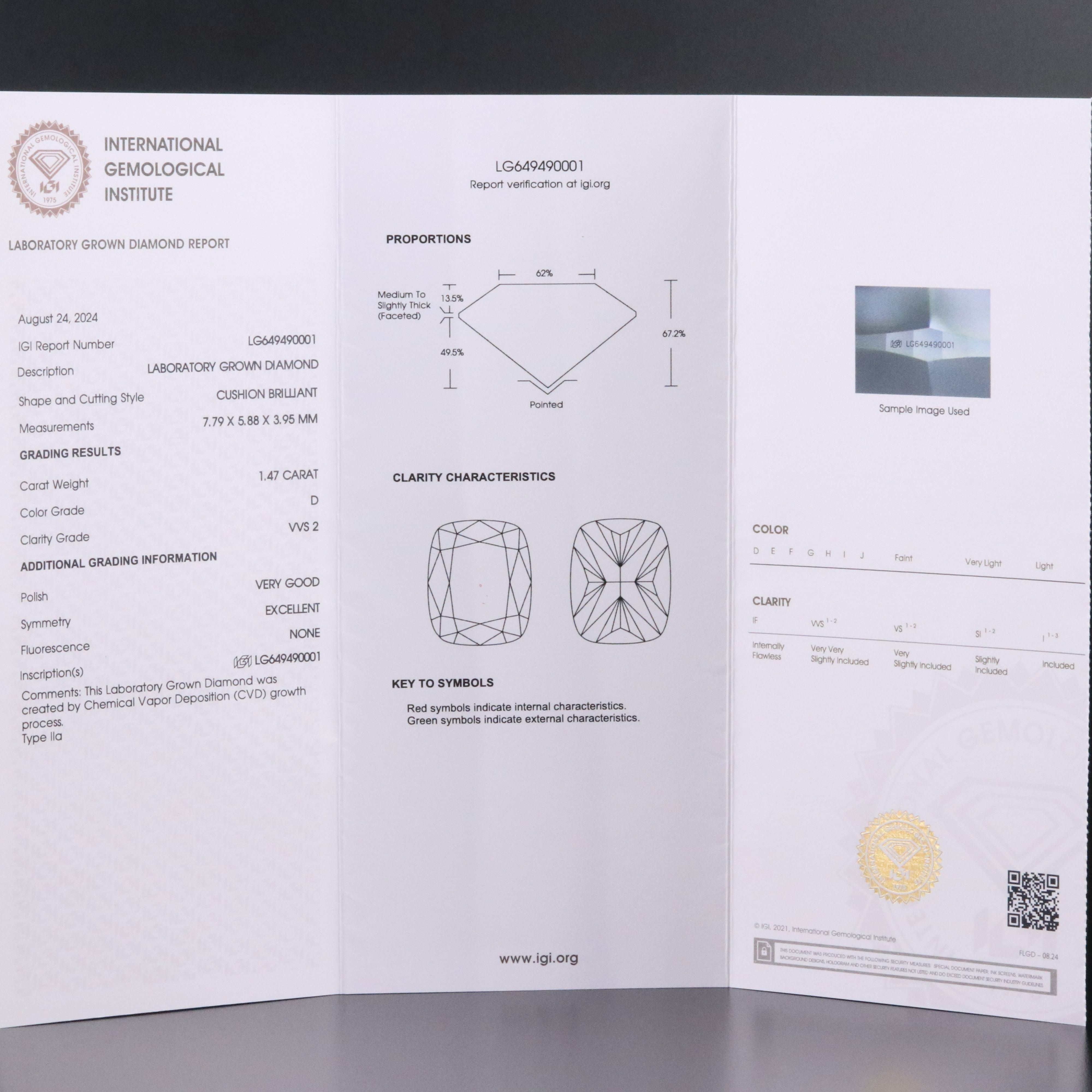 Loose 1.47 CT Lab Grown Diamond with IGI Report