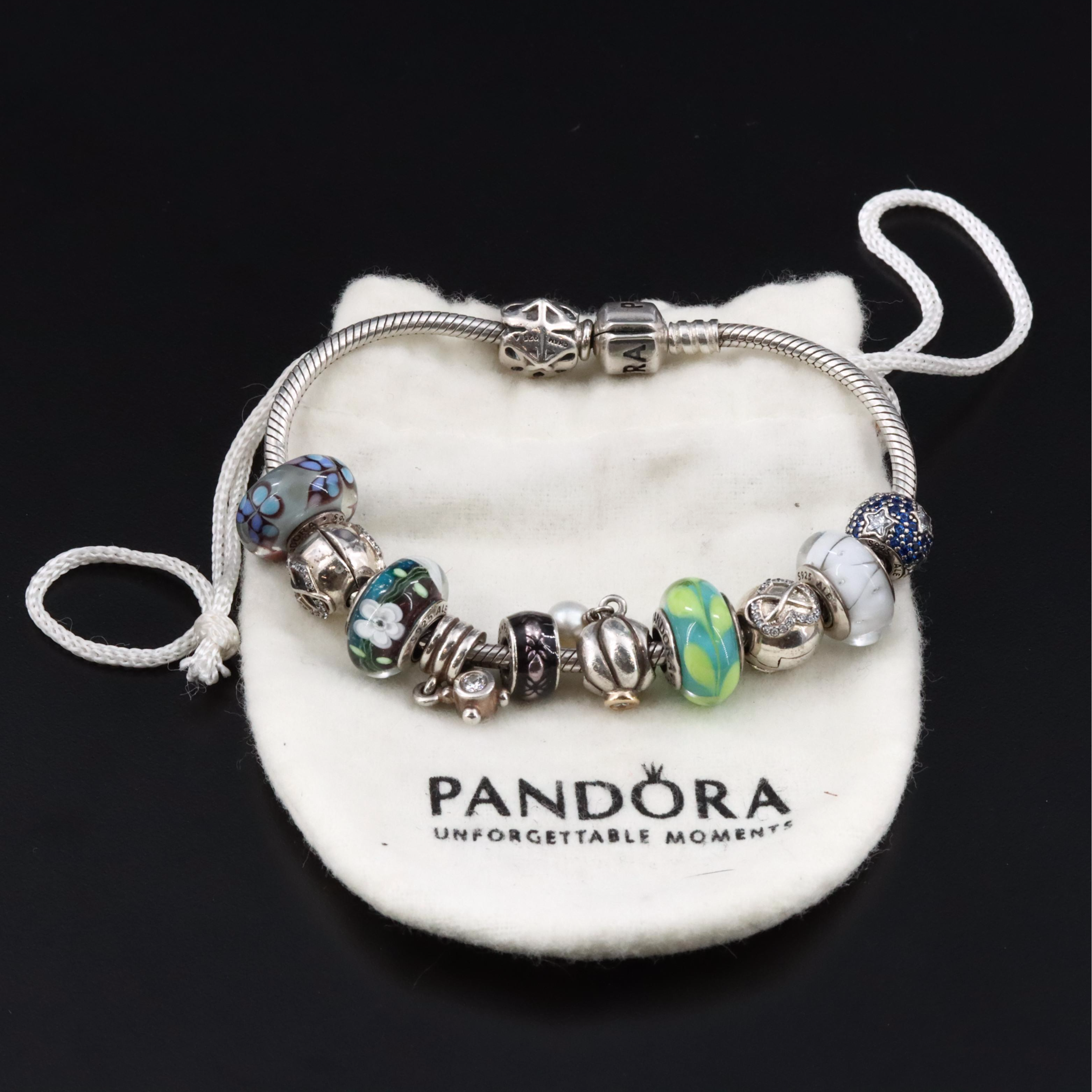 Pandora Bracelet with Charms, CZ and Lampwork Glass