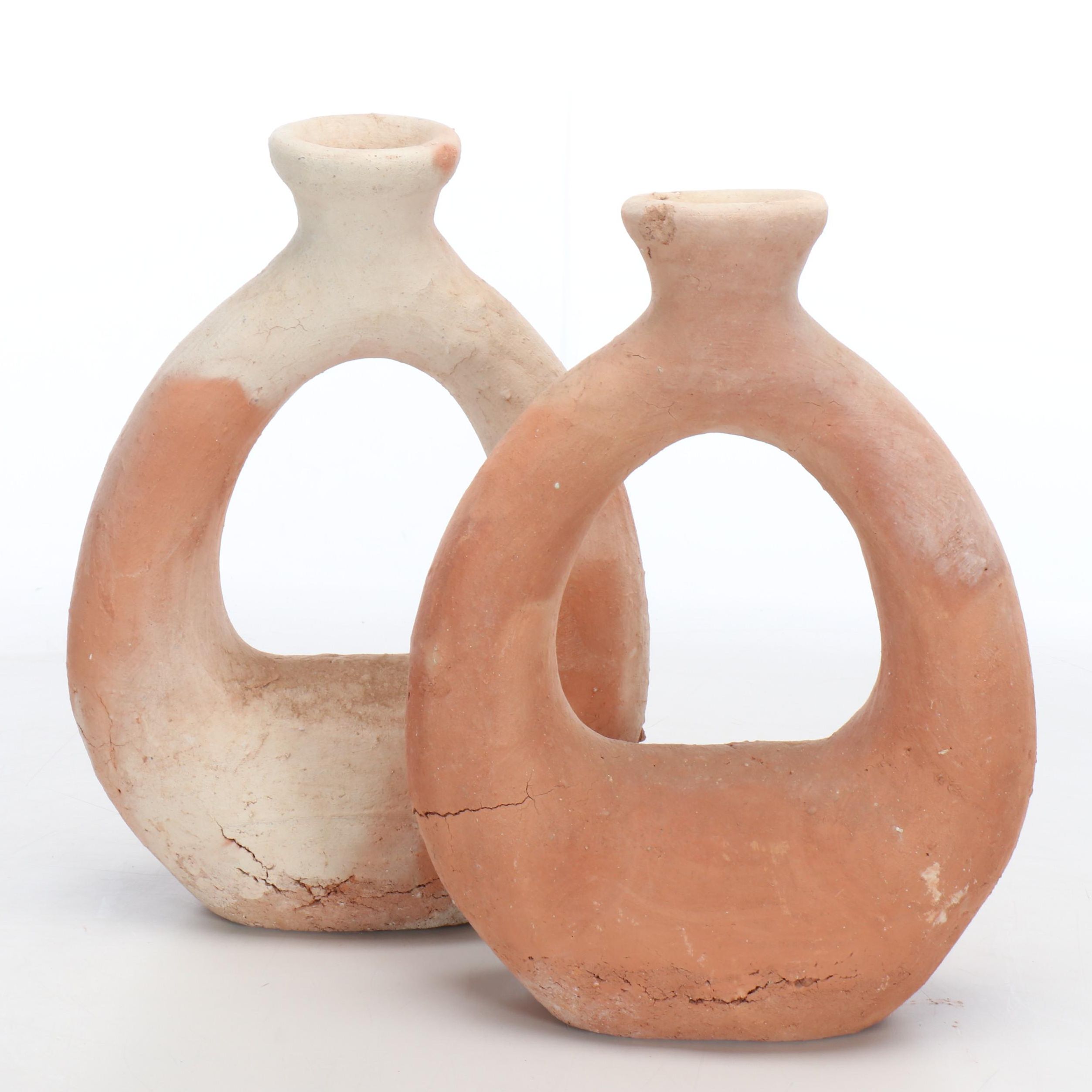 Pair of Unglazed Terracotta Ring Bottle Vases