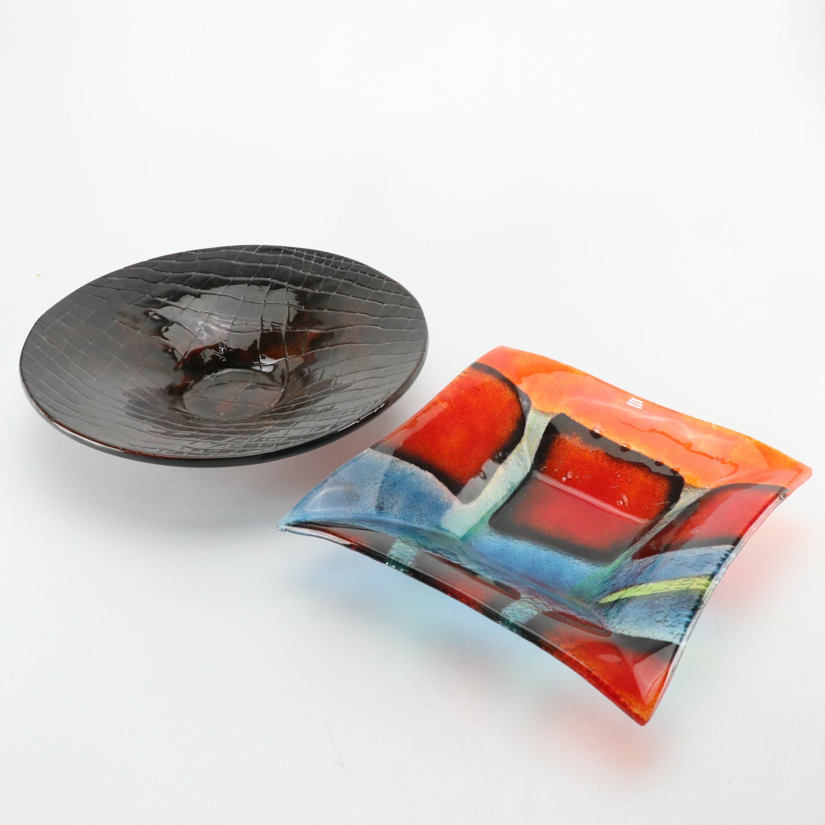 Crate & Barrel "Sandia" Square Bowl with B Ware Malibu Crocodile Embossed Bowl