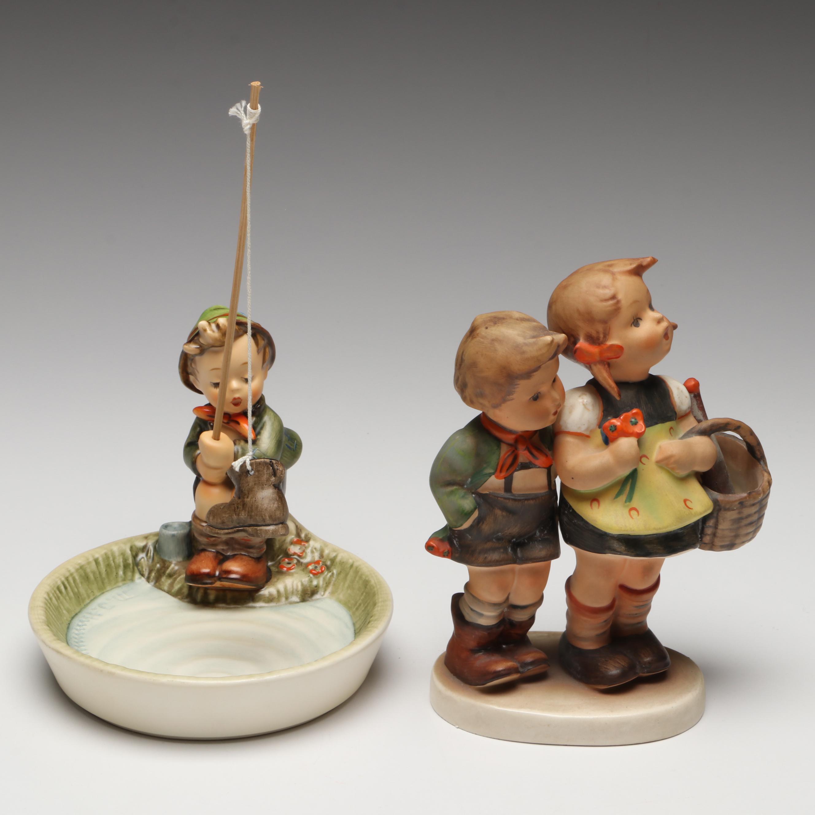 Goebel Hummel "Just Fishing" and "Apple Tree Girl" with More Porcelain Figurines