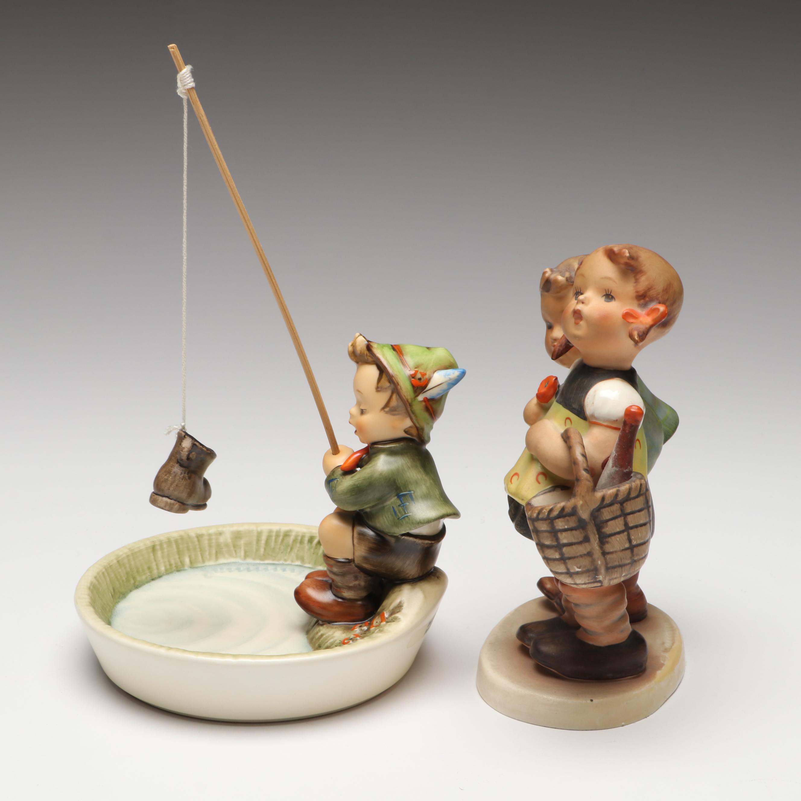 Goebel Hummel "Just Fishing" and "Apple Tree Girl" with More Porcelain Figurines