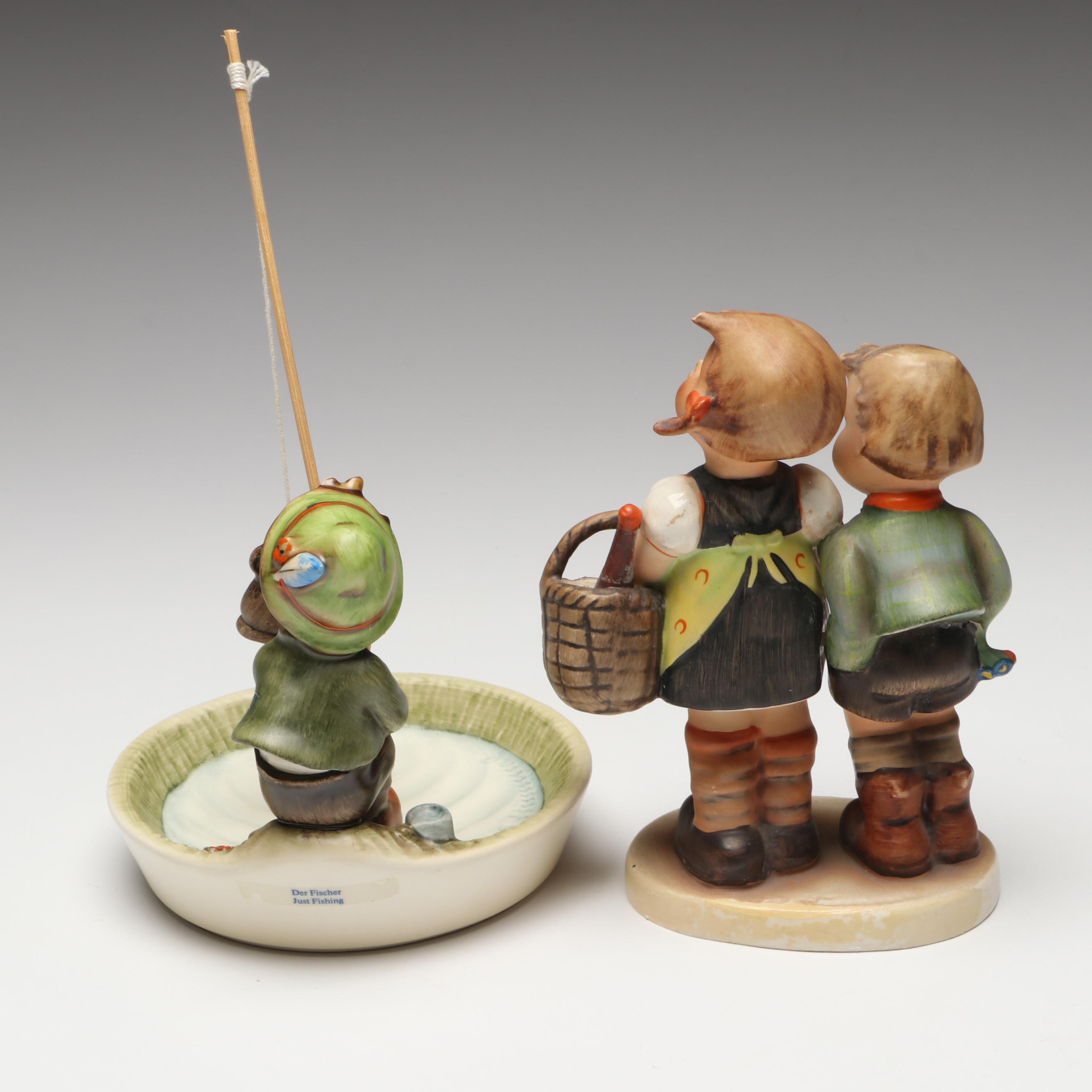 Goebel Hummel "Just Fishing" and "Apple Tree Girl" with More Porcelain Figurines