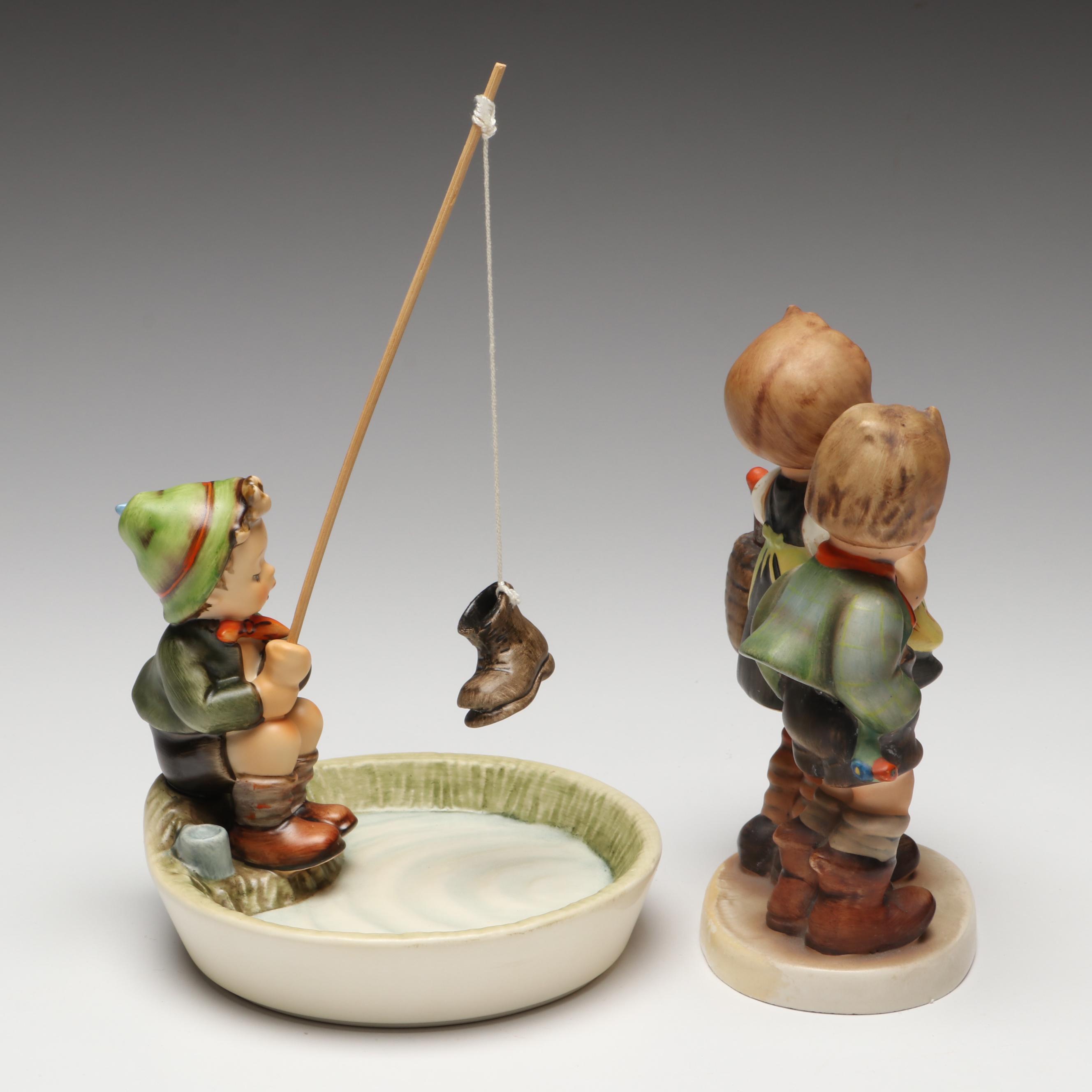 Goebel Hummel "Just Fishing" and "Apple Tree Girl" with More Porcelain Figurines
