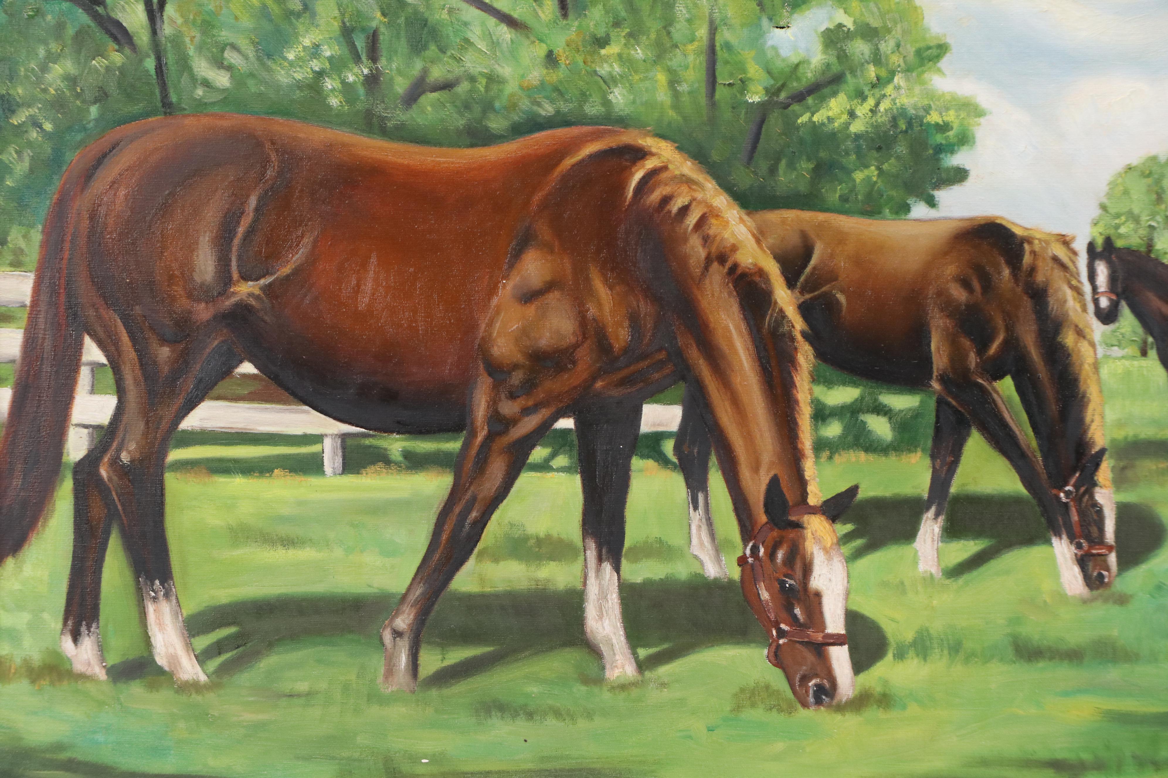 J.J. Riley Equine Oil Painting of Grazing Mares with Foals, 1961