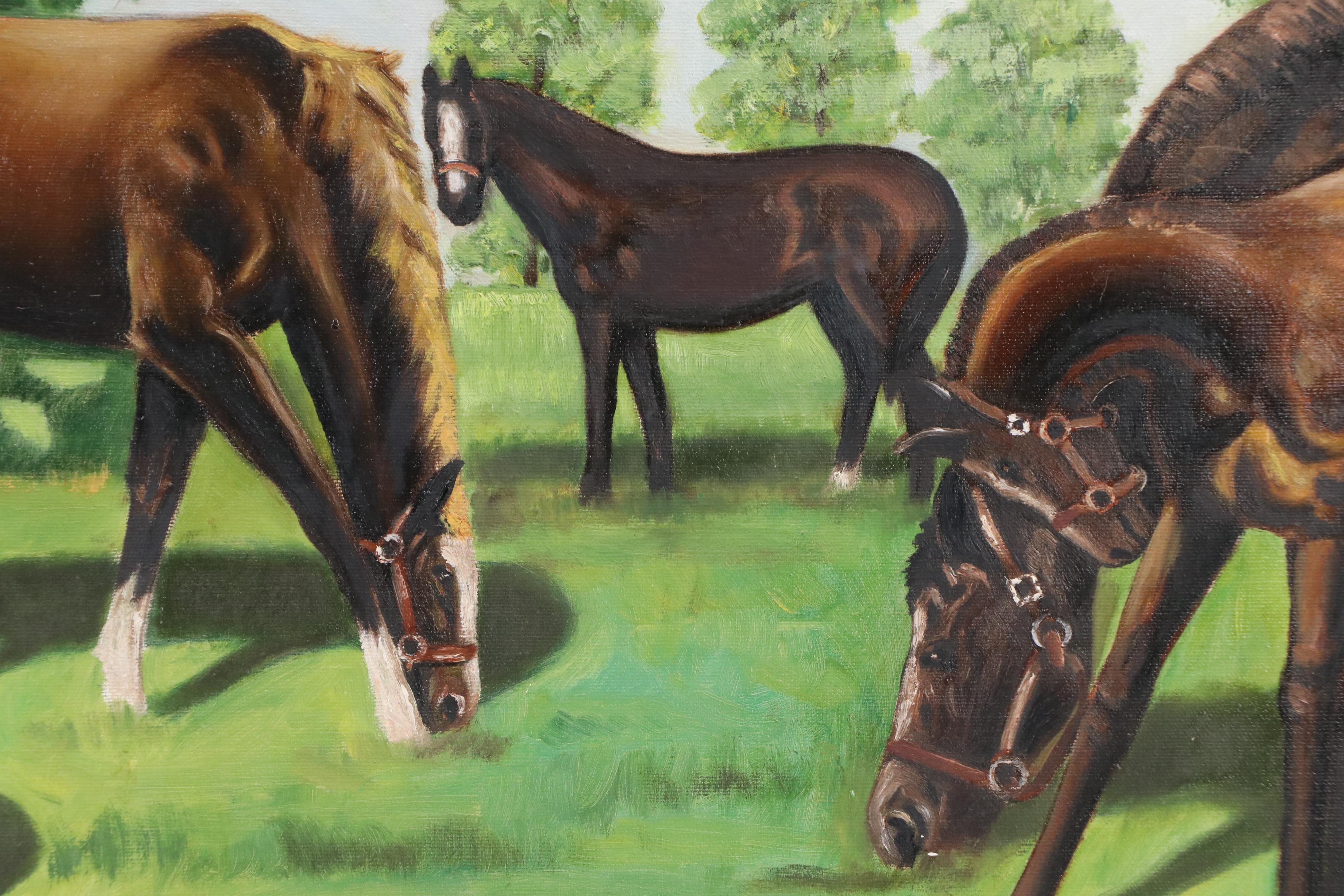 J.J. Riley Equine Oil Painting of Grazing Mares with Foals, 1961