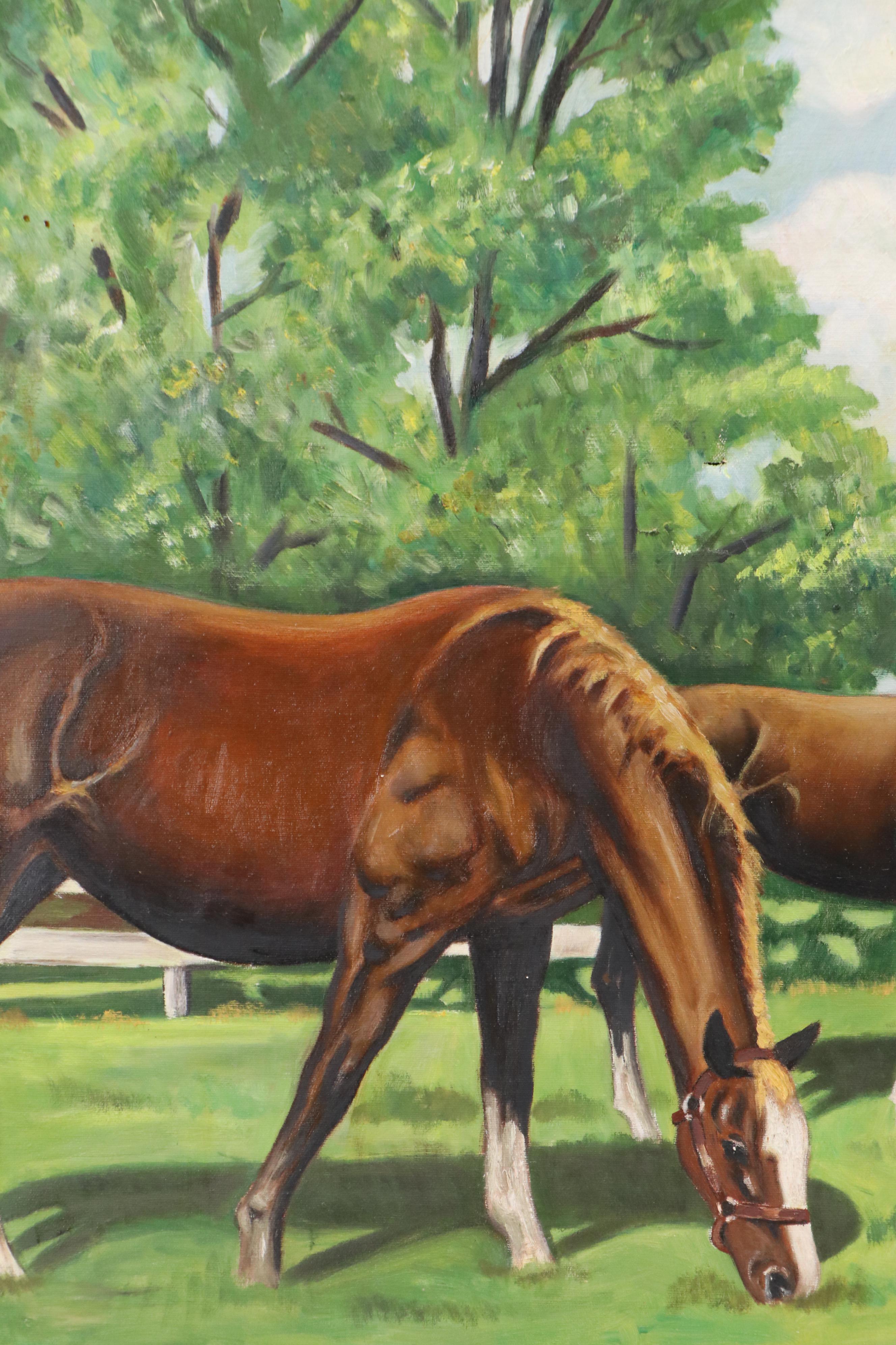 J.J. Riley Equine Oil Painting of Grazing Mares with Foals, 1961