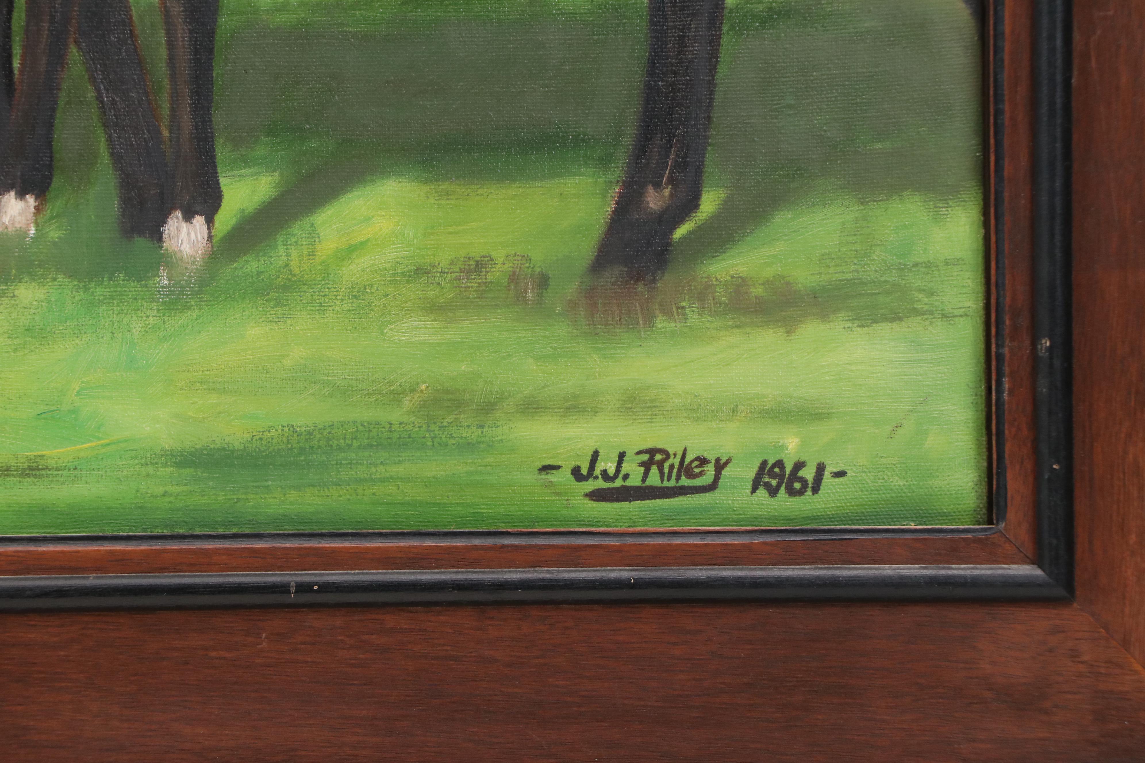 J.J. Riley Equine Oil Painting of Grazing Mares with Foals, 1961