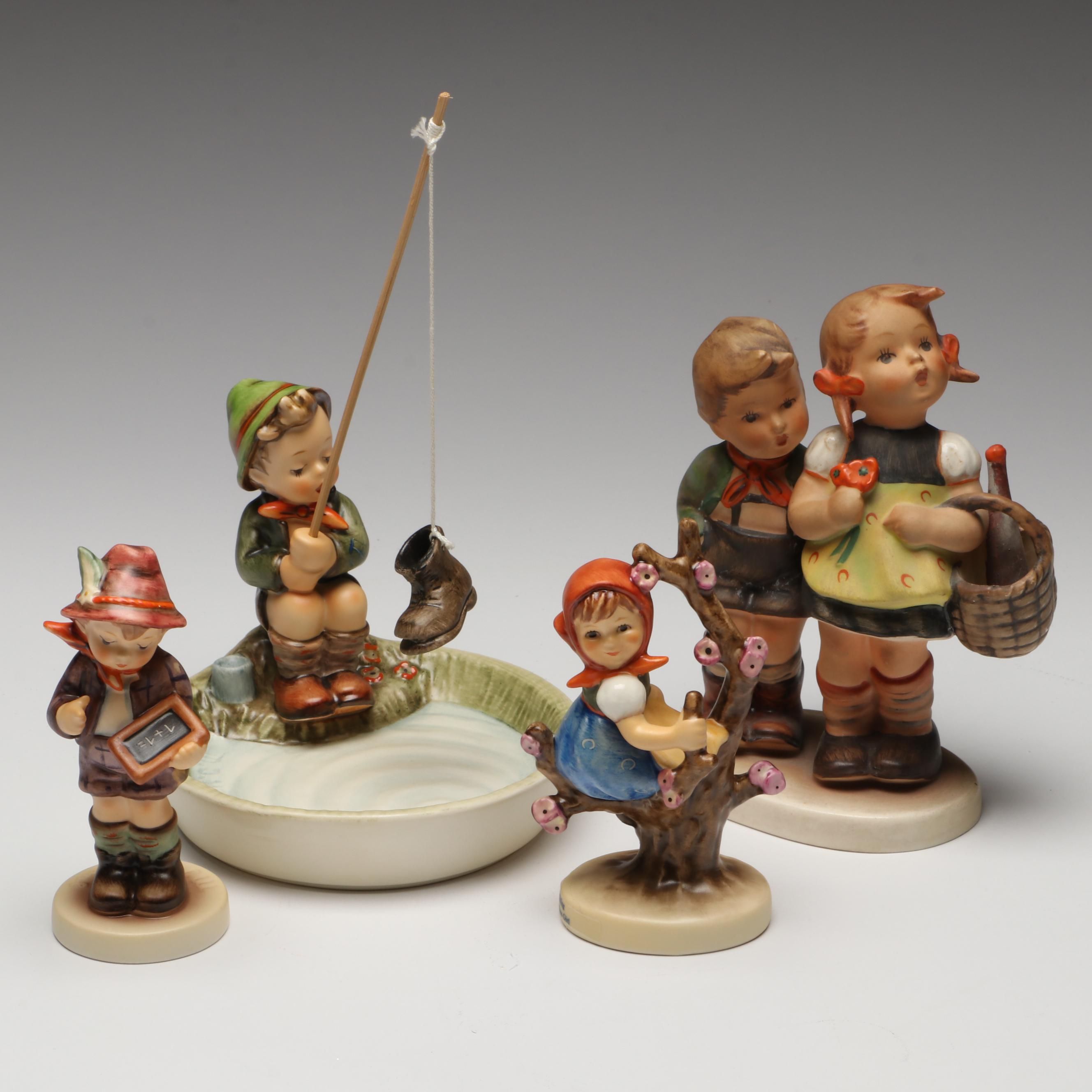 Goebel Hummel "Just Fishing" and "Apple Tree Girl" with More Porcelain Figurines