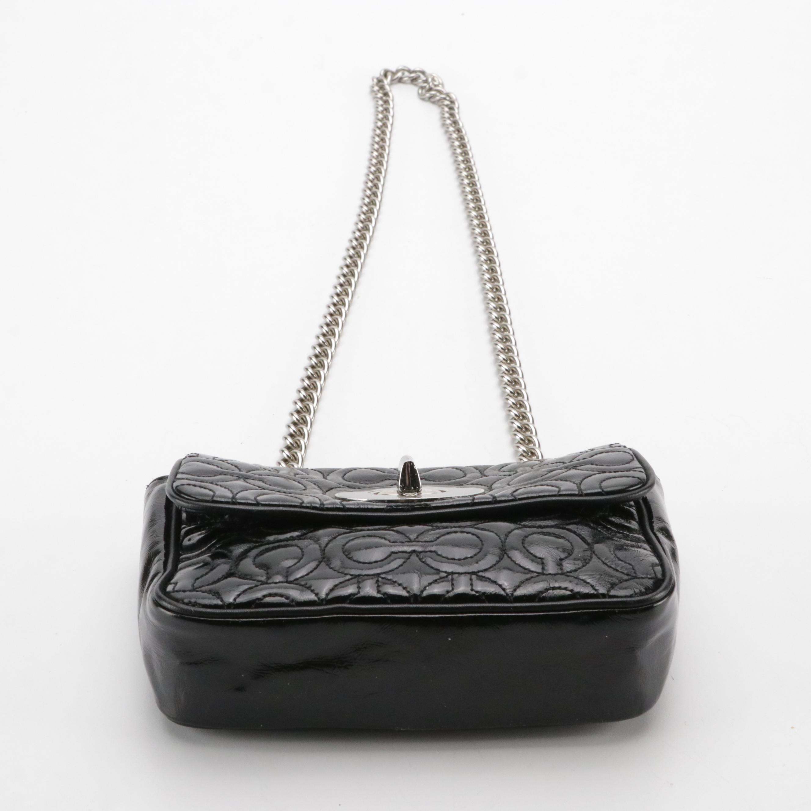 Coach Mini Turn-Lock Chain Strap Bag in Black Quilted Patent Leather, With Box