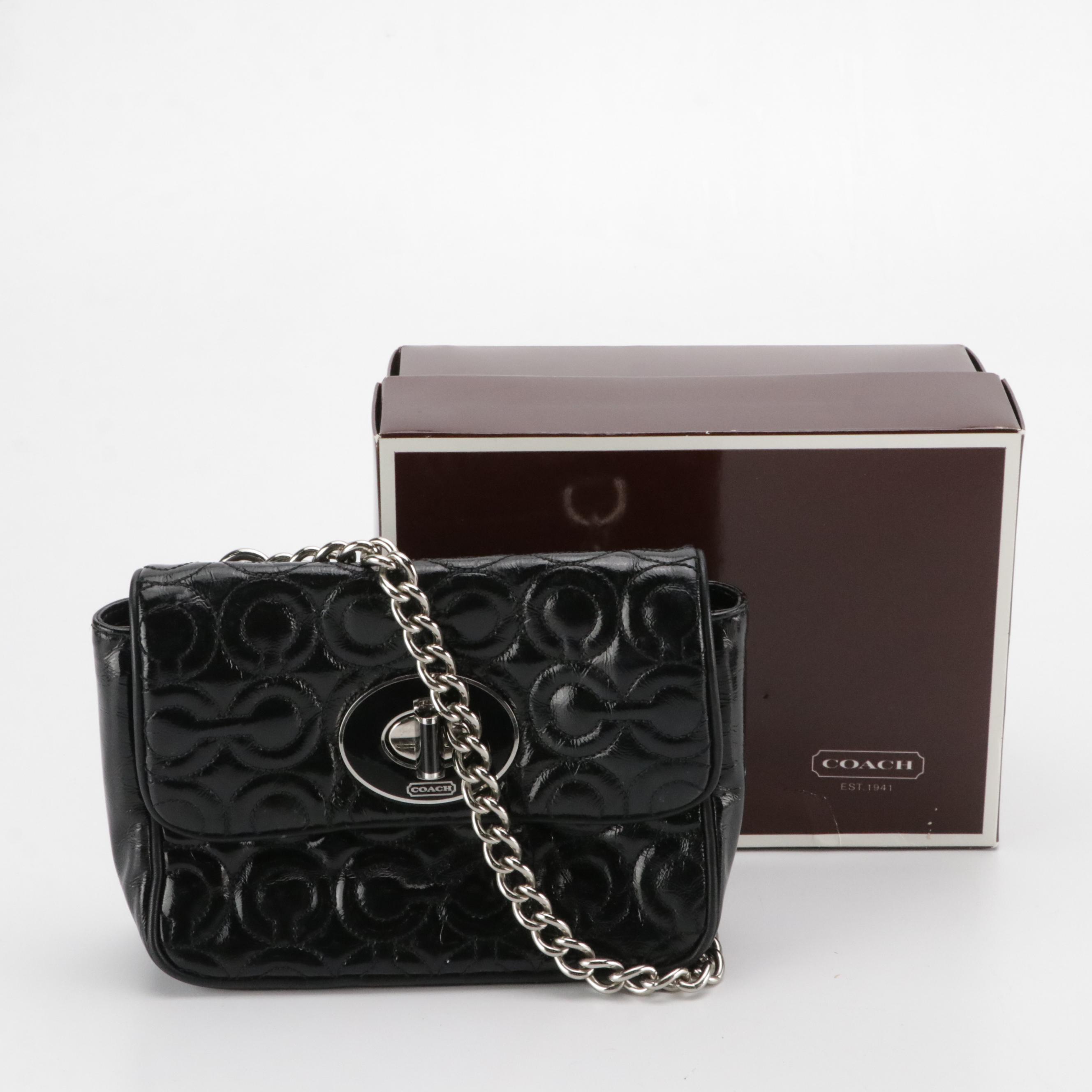 Coach Mini Turn-Lock Chain Strap Bag in Black Quilted Patent Leather, With Box