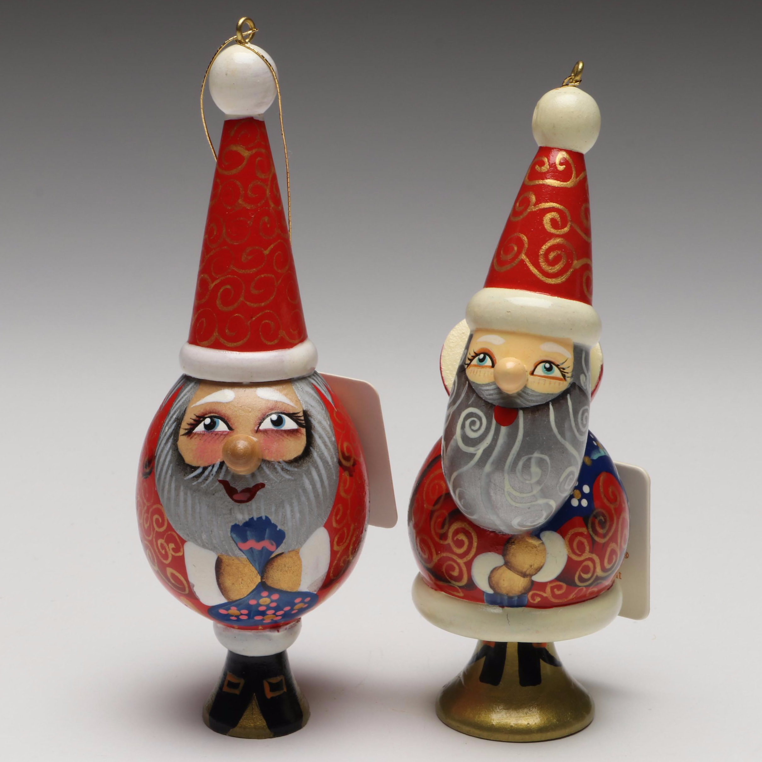 G. DeBrekht Hand-Painted Wooden Santa Claus Ornaments