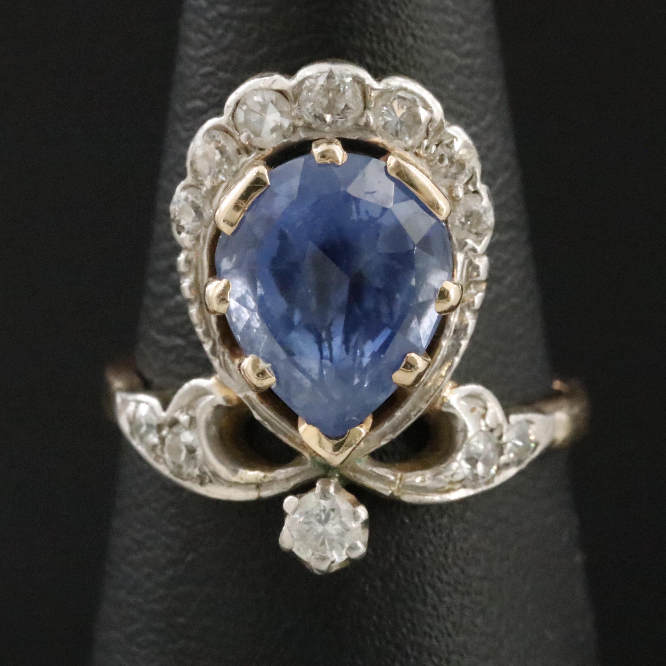 Vintage 14K 5.21 CT Sapphire and Diamond Aigrette Ring