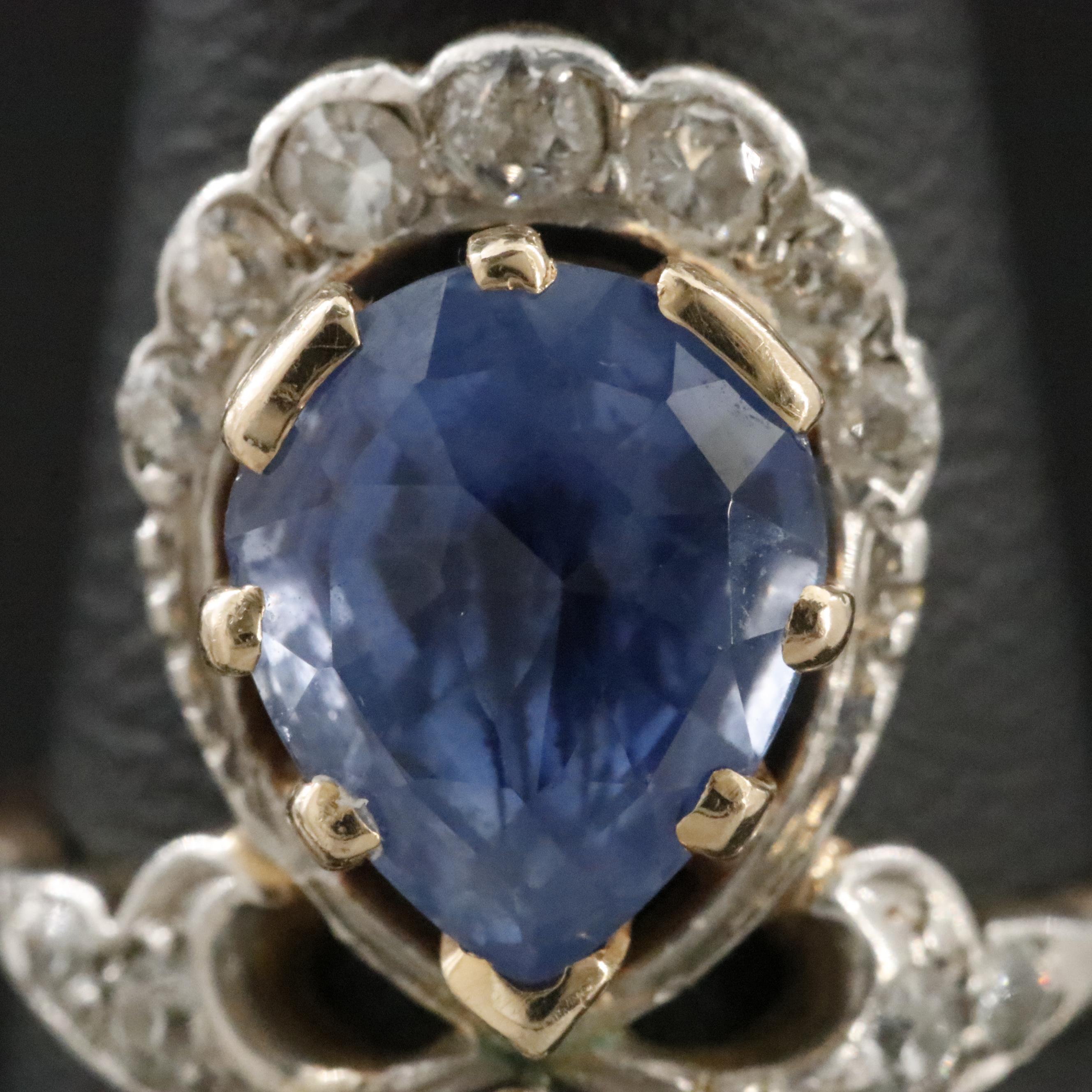 Vintage 14K 5.21 CT Sapphire and Diamond Aigrette Ring