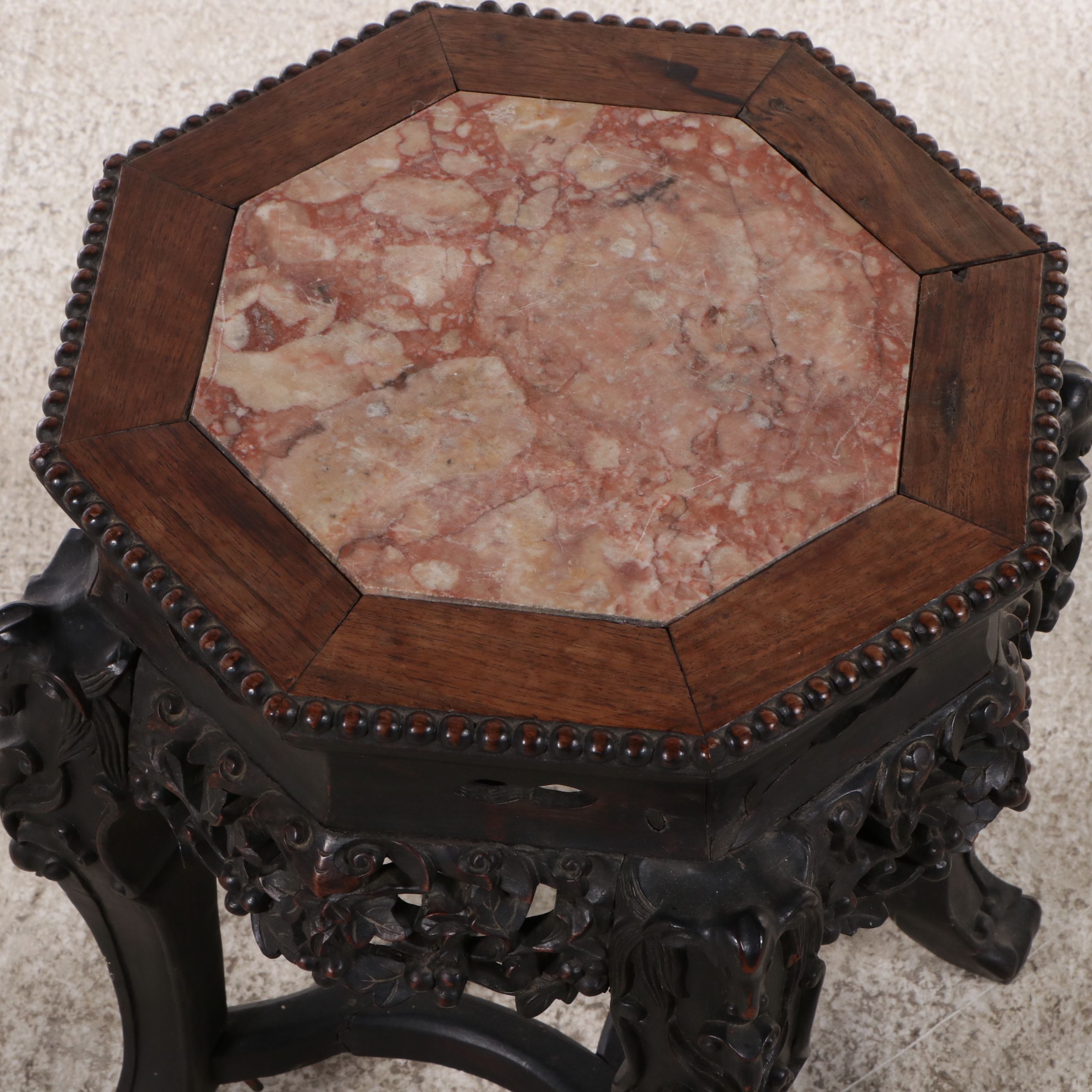 Chinese Carved Rosewood Hexagonal Accent Table with Inset Marble Top