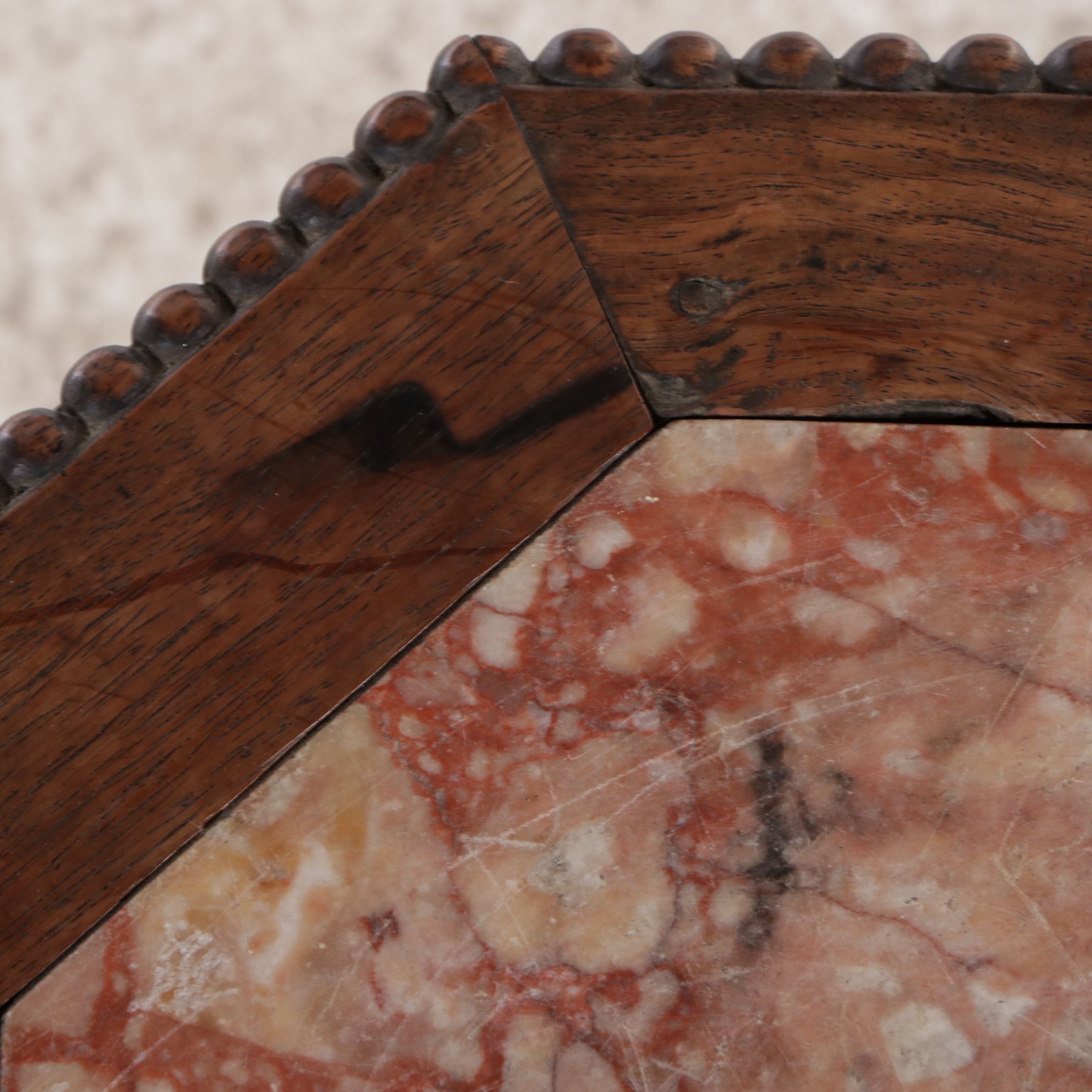 Chinese Carved Rosewood Hexagonal Accent Table with Inset Marble Top
