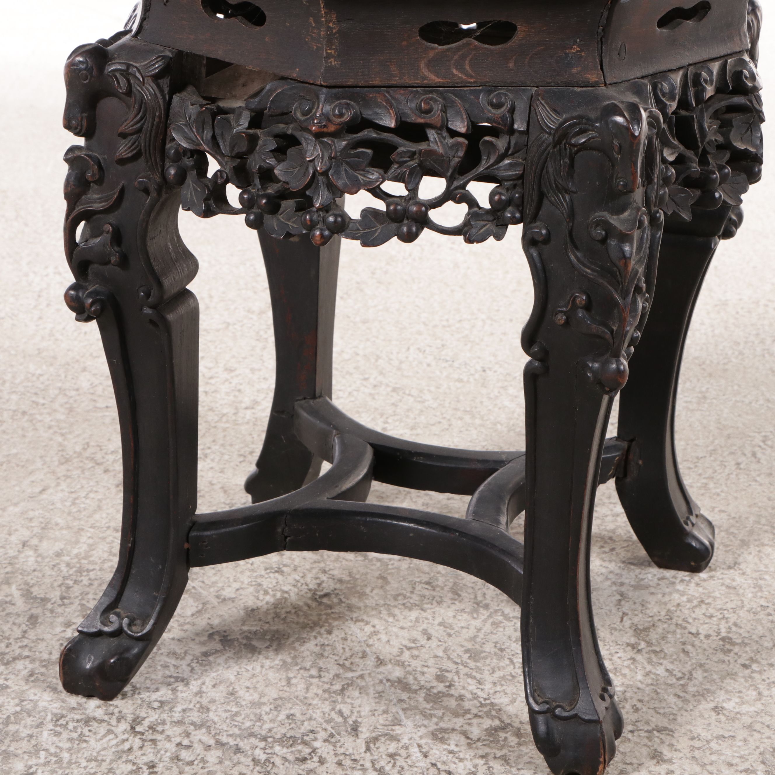Chinese Carved Rosewood Hexagonal Accent Table with Inset Marble Top
