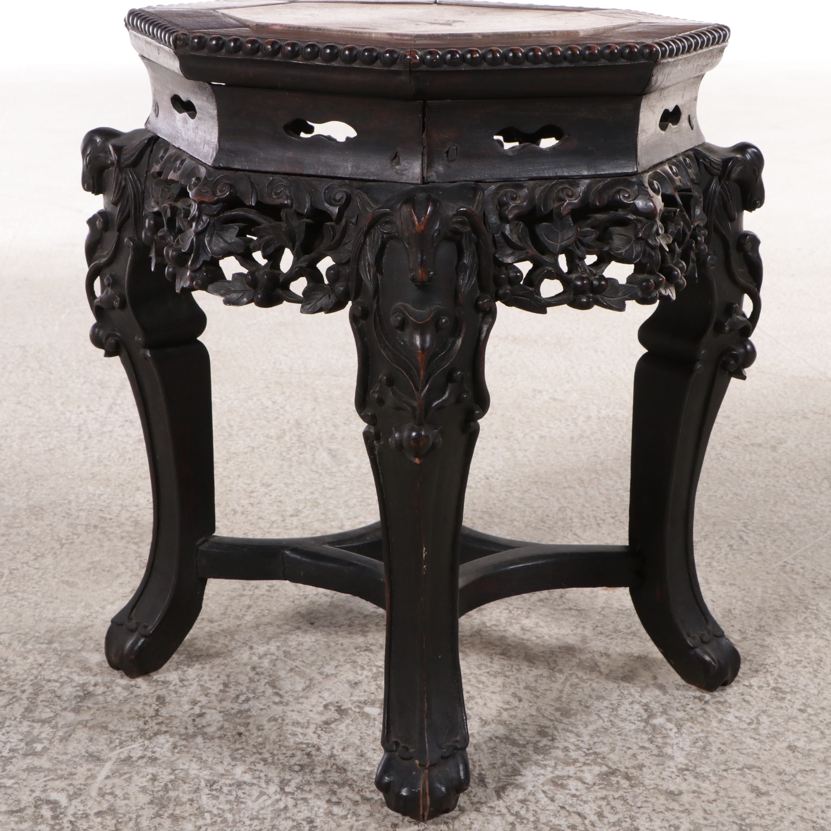 Chinese Carved Rosewood Hexagonal Accent Table with Inset Marble Top